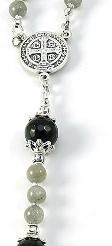 Miniatura 3 de Silver Inches Crucifijo de San Benito y Rosario Centro de Oración Cuentas de Labradorita Rosario Católico Bendecido con aceite de unción (no es un