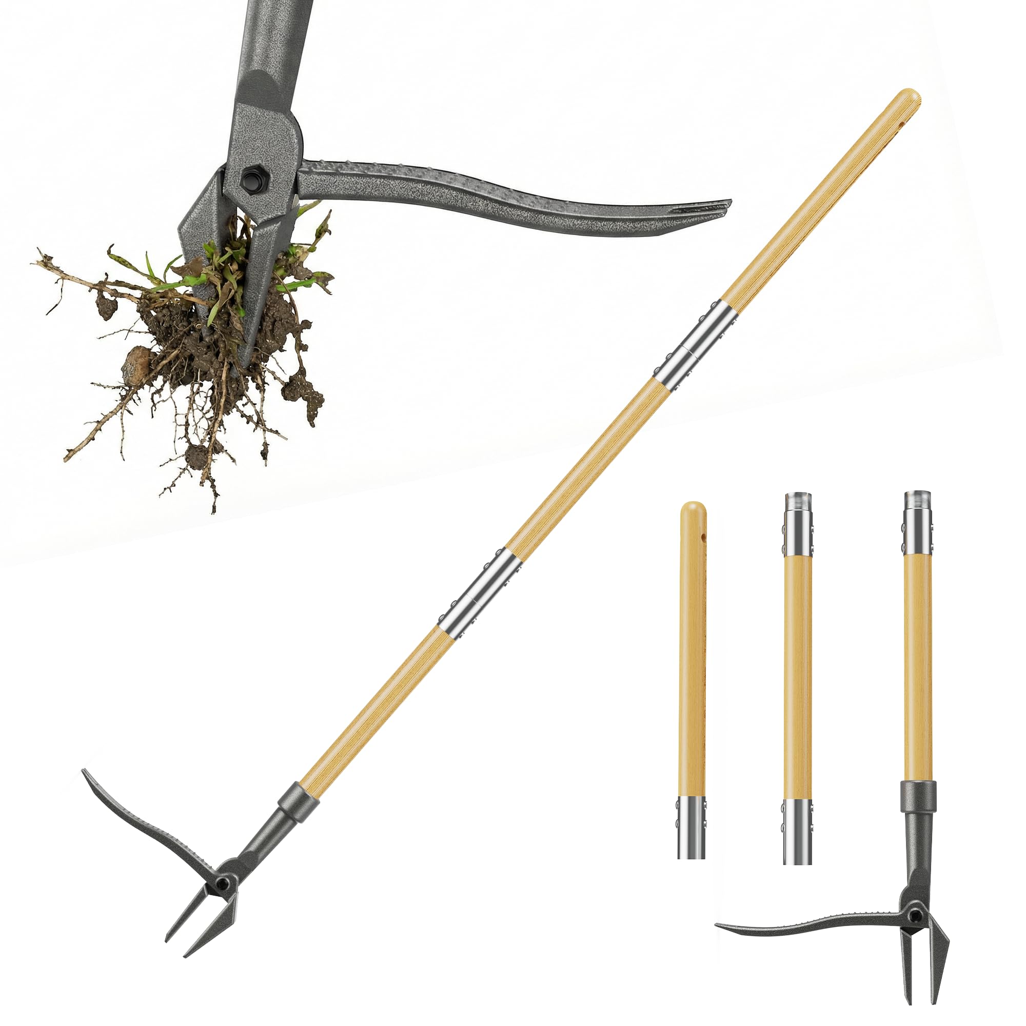 Tiemlet Long Handle Weed Puller Tool, 2-Claw Manual Weeder with 110cm Handle & Foot Pedal, Stand Up Garden Weeding Tool for Dandelion, Thistle & Taproot, Heavy Duty Weed Puller, Detachable Design