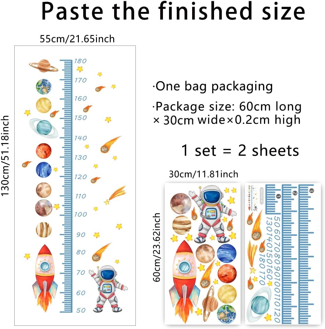 Space Planets Kids Growth Chart Wall Stickers, Peel and Stick Height Chart for Kids with Planets, Rockets, Astronauts and Shooting Stars Wall Murals Decor for Kids Room Bedroom Nursery