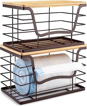 2 Pack Storage Stackable Kitchen Laundry Organizers with Bamboo Top, Wall Mount Trash Bag Holder and Garbage Bag Dispenser for Countertop Organization