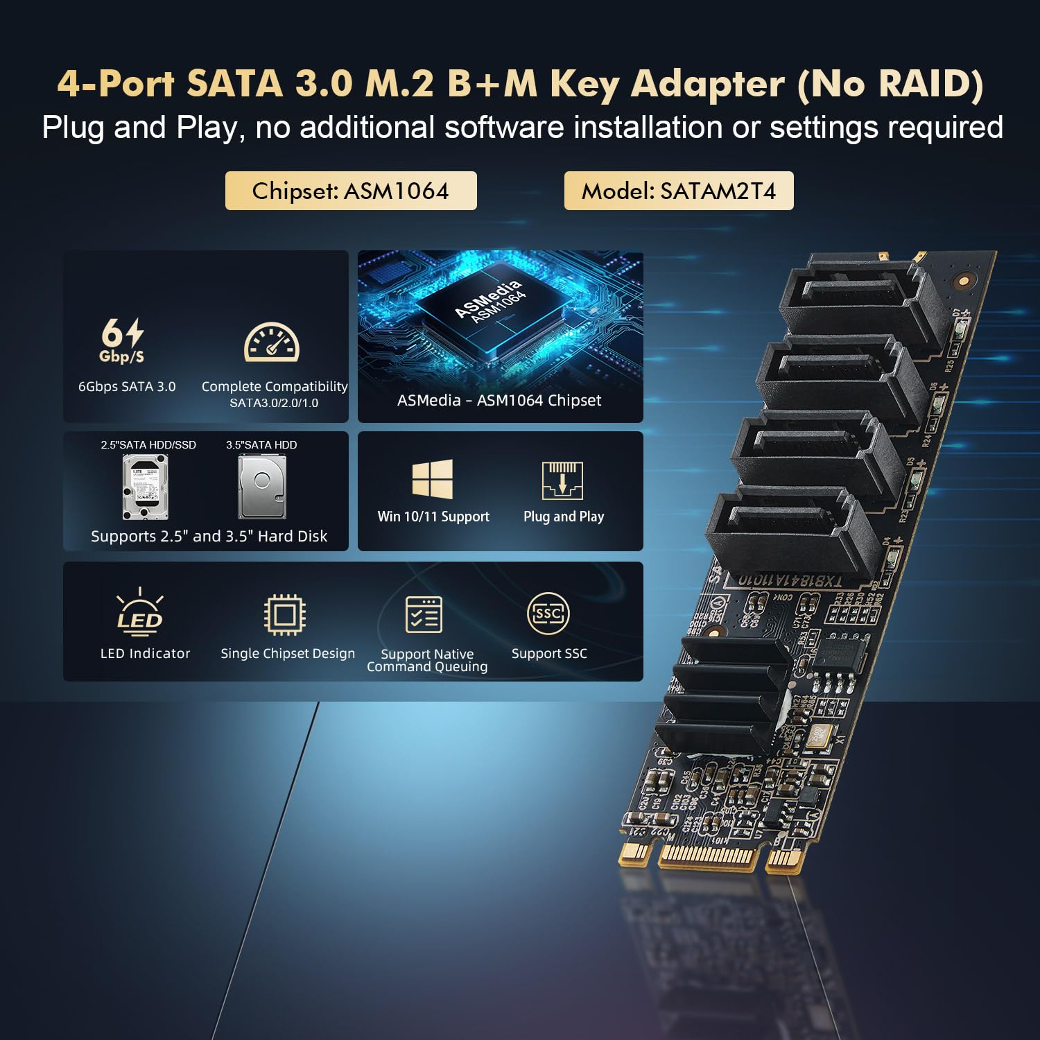 Binardat M.2 a scheda SATA a 4 porte, controller SATA 3.0 da 6 Gbps, include 4 cavi, per Windows 10/11