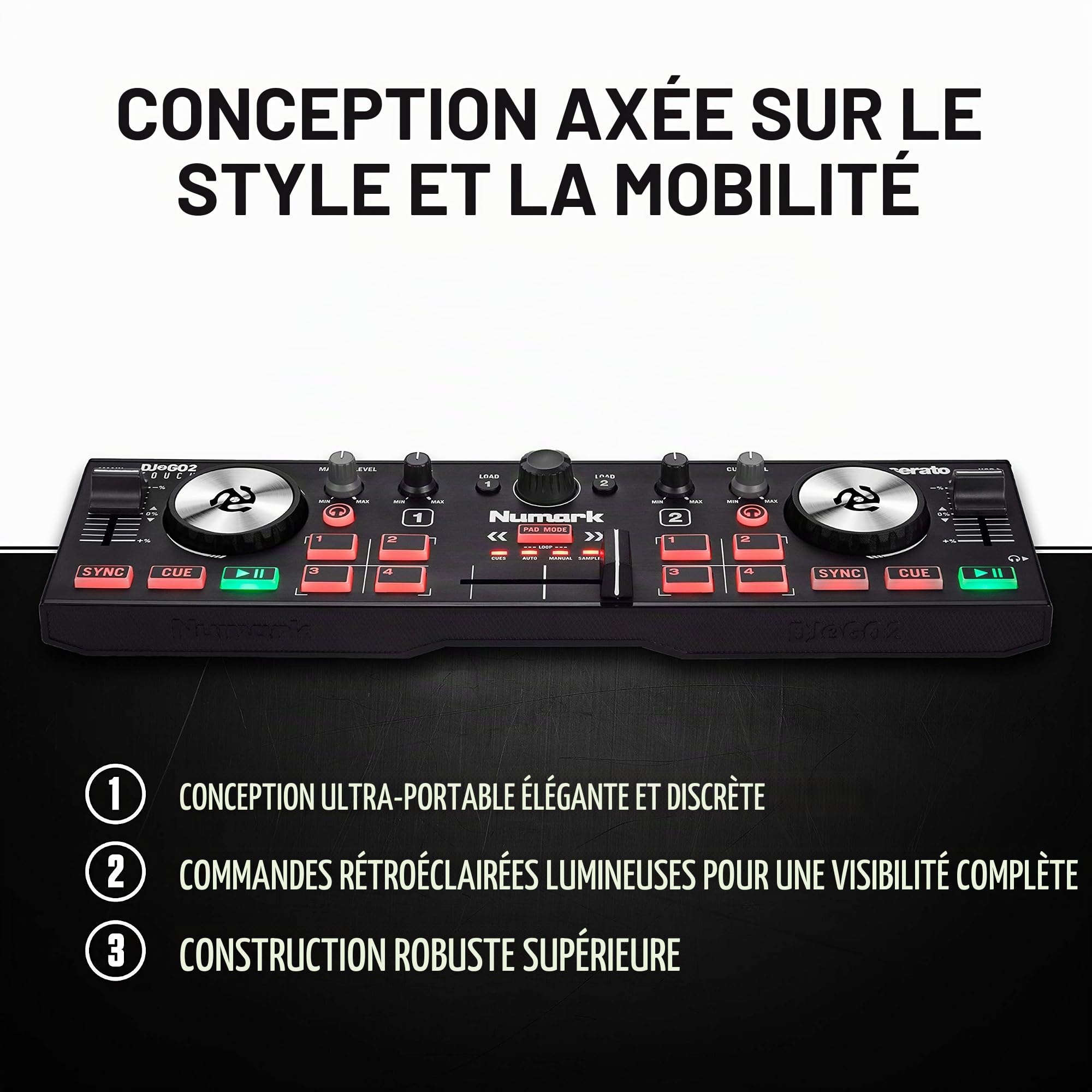 Numark DJ2GO2 Touch et HF125 – Contrôleur DJ USB 2 Decks Compact pour Serato DJ avec Table de Mixage DJ, Carte son Intégrées et Casque Audio DJ Inclus