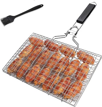 Stainless Steel BBQ BBQ Grill Basket, Non-stick Large Folding Grate with Handle, Outdoor Camping BBQ Rack, Grilled Fish Poultry, Pork, Vegetables
