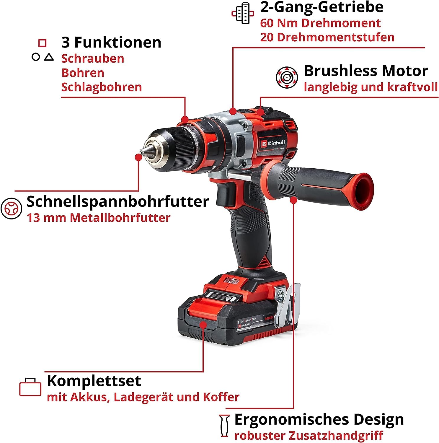Einhell Professional Akkuschrauber TP-CD 18 Li-i BL Kit Power X-Change (18 V, Schlagfunktion, Brushless, 60 Nm, 2 Gang, LED Licht, Koffer, inkl. 2x 2,0 Ah Akku + Ladegerät)