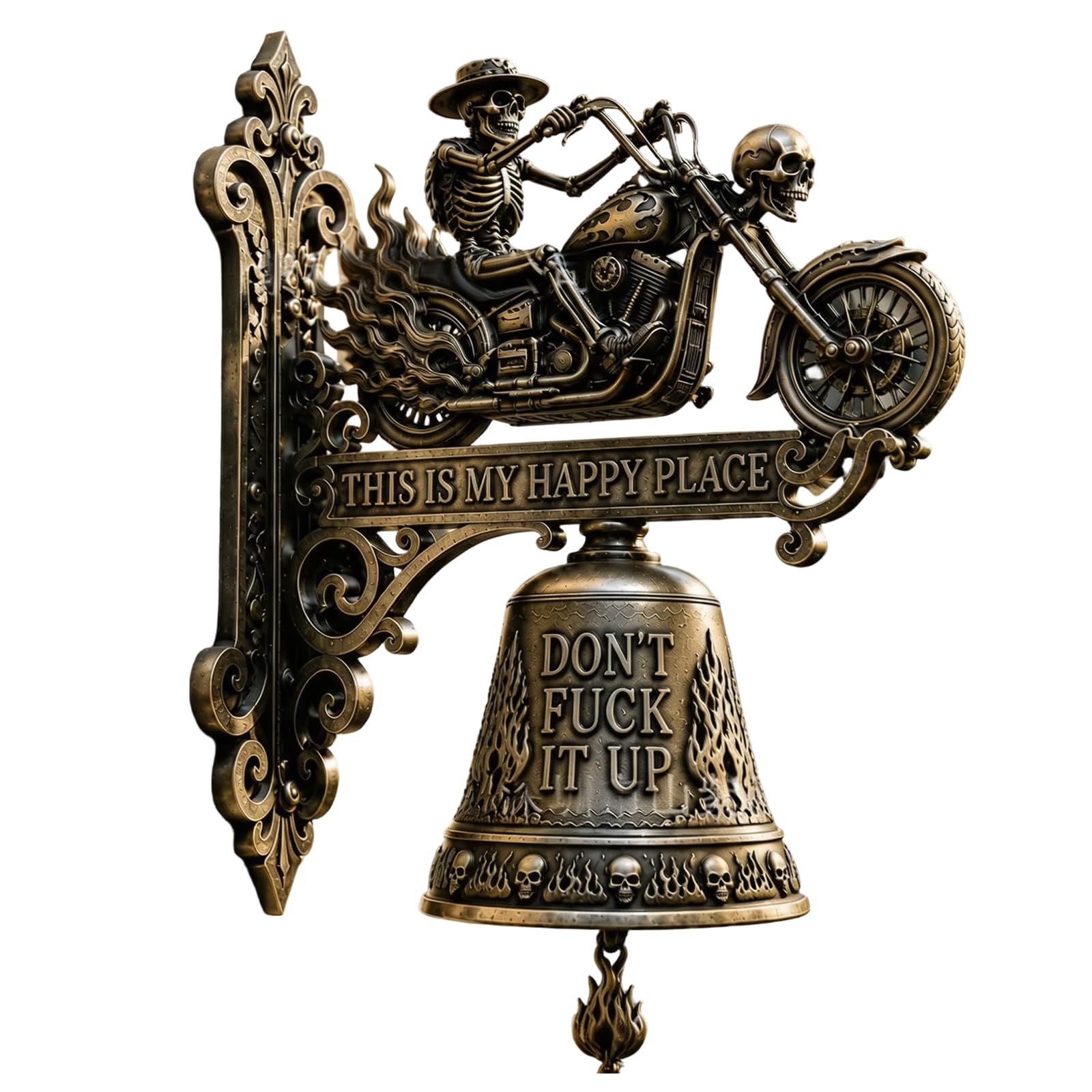 Skull Rider Bell, Retro Metal Skeleton Riding A Moto Wall Bells - This is My Happy Place Bell, Gothic Dragon Skull Doorbell, Home Wall Décor (B)