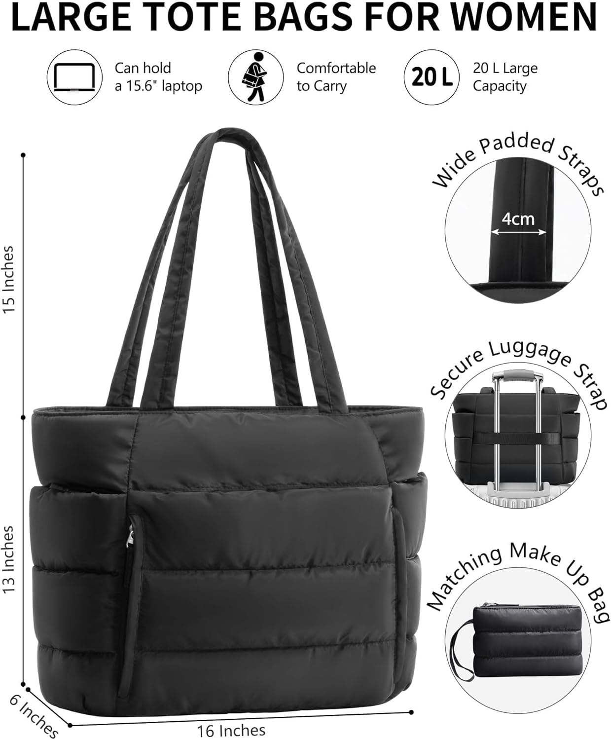 Puffer Tote Bag for Women, Lightweight Puffy Work Handbag Teacher Nurse Quilted Shoulder Bag for School Travel Gym | Cloud Bag w/ Zipper, Daily College Bags, 15.6" Computer Bag, Clinical Nursing Bag, 40 OZ Tumbler Holder, Ideal Gift for Women - Image 3
