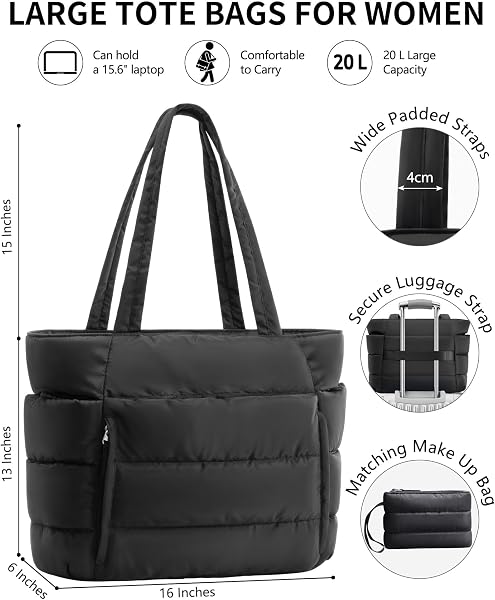Bagstellar Puffer Tote Bag for Women, Lightweight Puffy Work Handbag Teacher Nurse Quilted Shoulder Bag for School Travel Gym | Cloud Bag w/ Zipper, Daily College Bags, 15.6" Computer Bag, Clinical Nursing Bag, 40 OZ Tumbler Holder, Ideal Gift for Women - 3