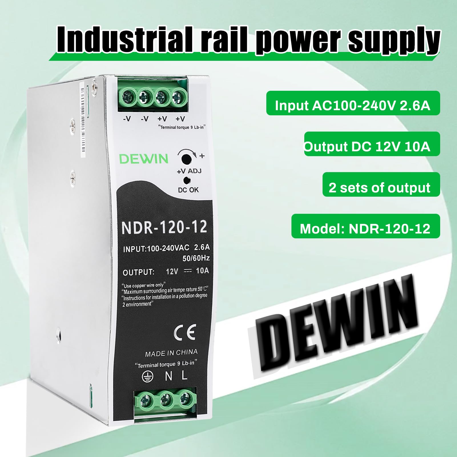 DEWIN Fuente de alimentación de carril DIN, 120W DC 12V 10A DIN rail fuente de alimentación de carril DIN