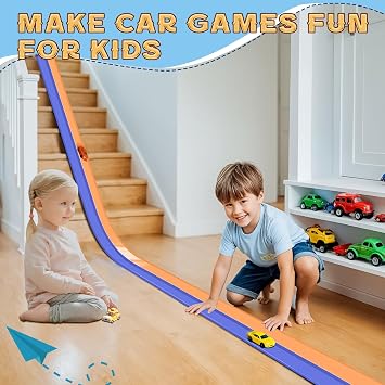 Flex Track 4.5m Starter Set, Flexible Race Car Ramp Track for Ages 3 & Up with Suction Cups Compatible with Diecast 1/64th Cars (Blue & Orange)