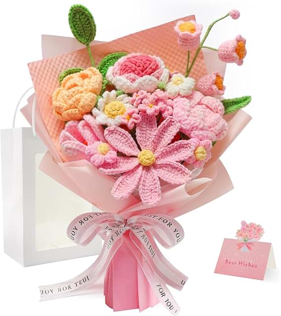 Crochet Flower Bouquet Pink, Handmade Knitted Floral, Crochet Tulips Gal...
