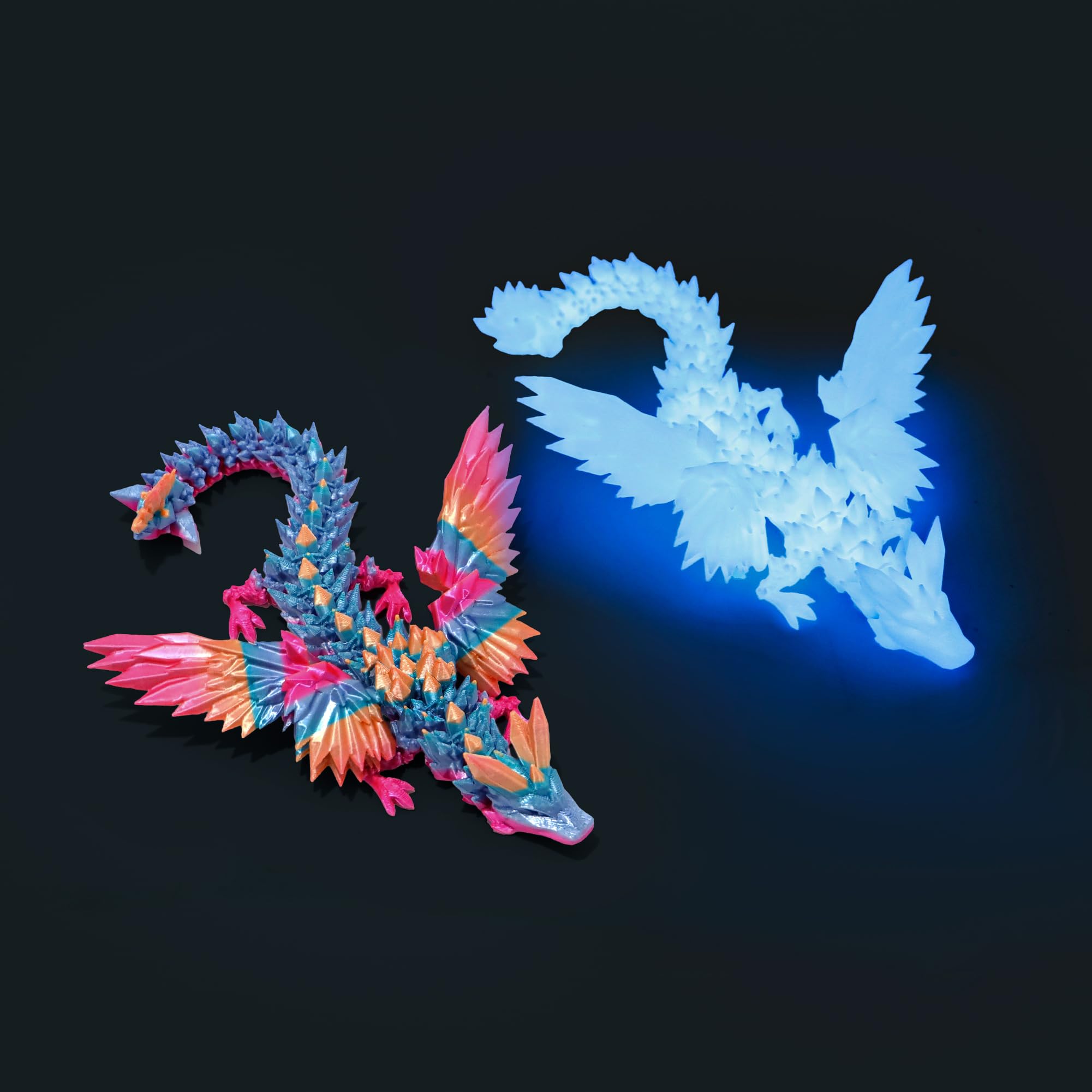 2 Pack 3D Printed Dragon with Wings - 9 inch Flying Dragon, Flexible Articulated Winged Animal, Office Desk Pet Toy, Home Decor, Easter Basket Stuffers (Candy Rainbow+ Glow Blue)