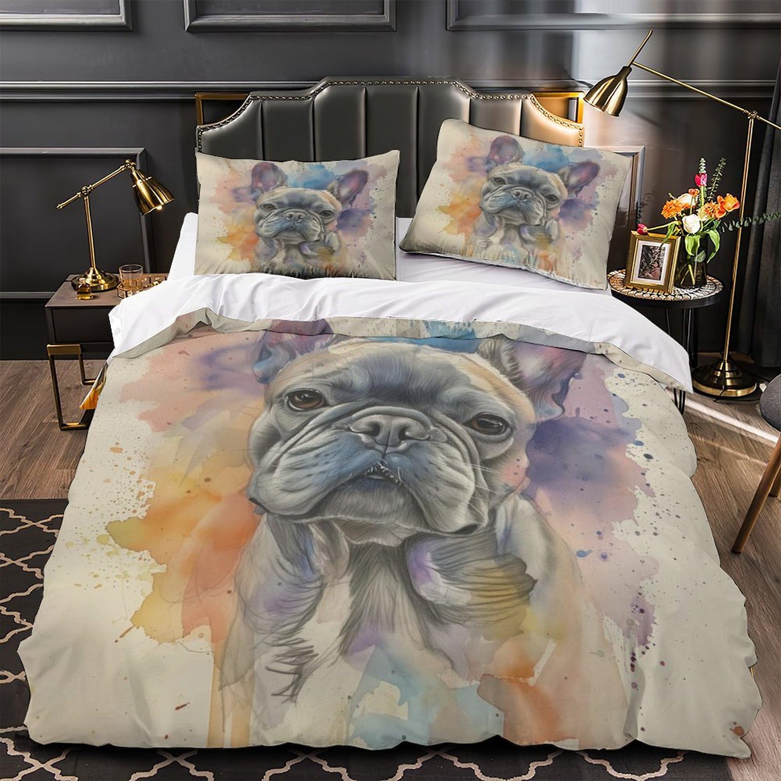 Stampato in 3D Bulldog francese Copertina Stampata Microfibra Disegnata Biancheria Da Letto Cura Facile Con 2 Federe,Double（200x200cm）, Per Adolescenti E Adulti
