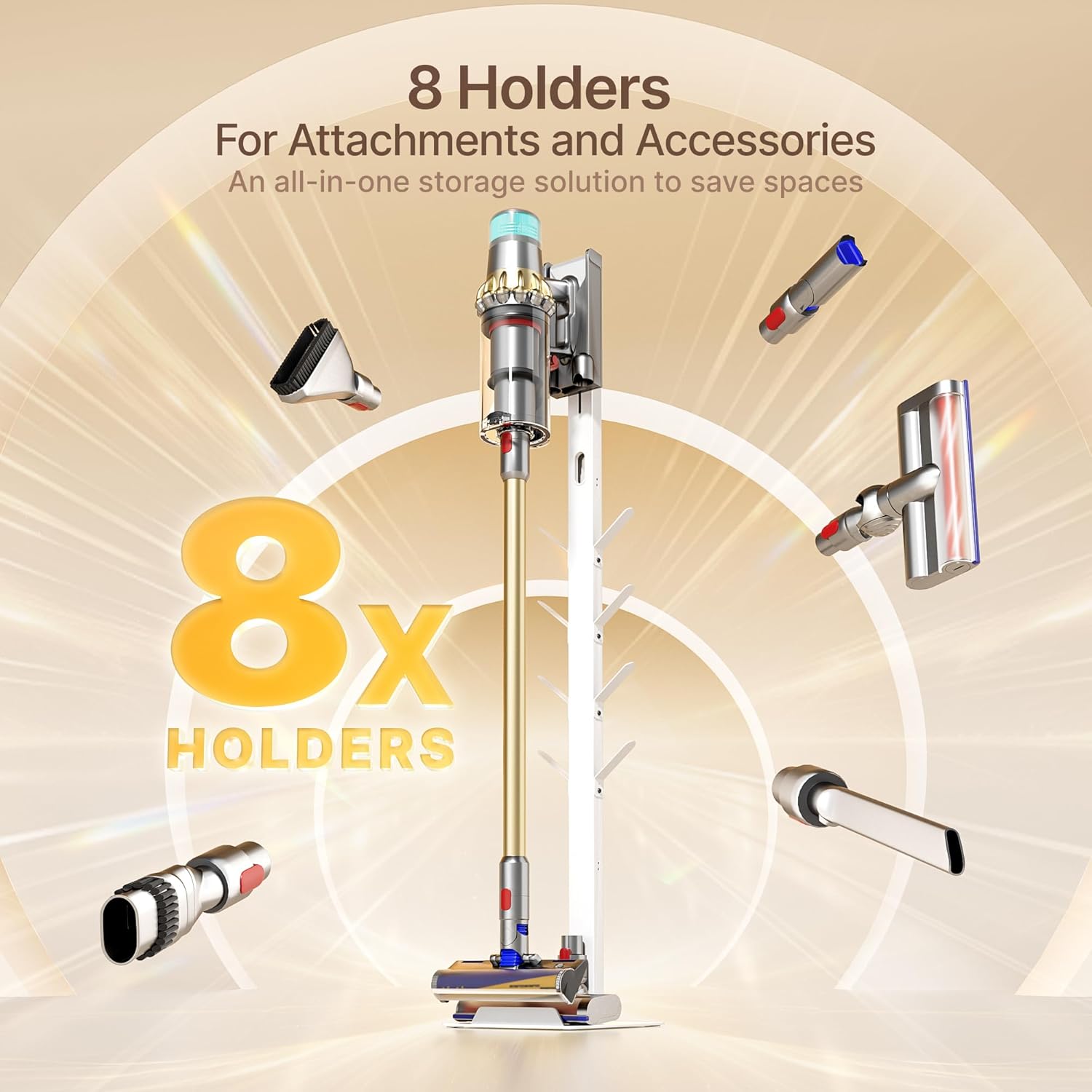 Vacuum Cleaner Stand, Compatible with Dyson G5 V15 V12 V11 V10 V8 V7 V6, NEC180 280TL, S11 A10 A11, Cordless Vacuum Accessories Holder, Vacuum Organizer with 8 Storage Hooks, White