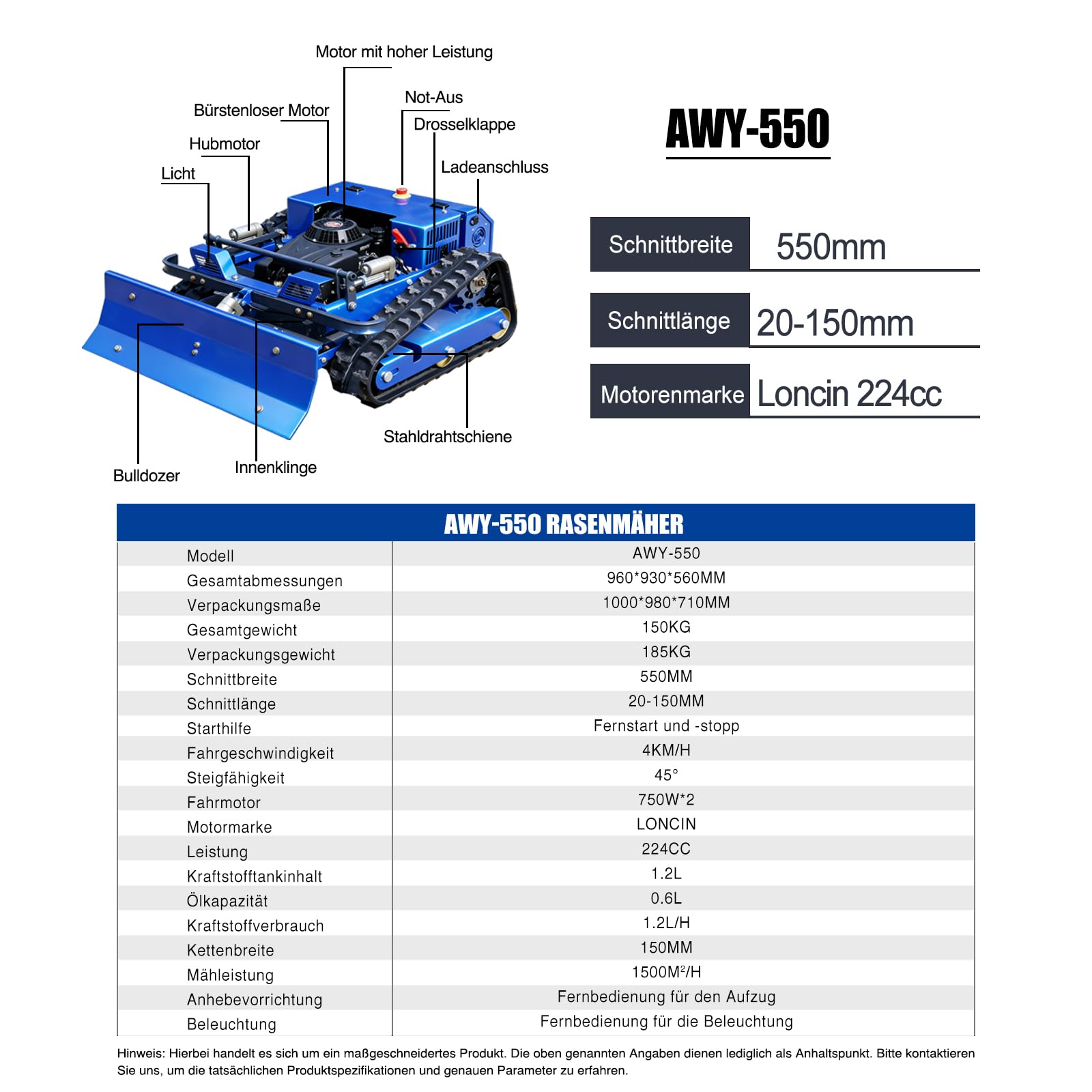 Tondeuse à Gazon Télécommandée avec Lame à Neige, Tondeuse sur Chenilles Hybride Essence-Électrique 4x4, Débroussailleuse Intégrée pour Terrain Accidenté