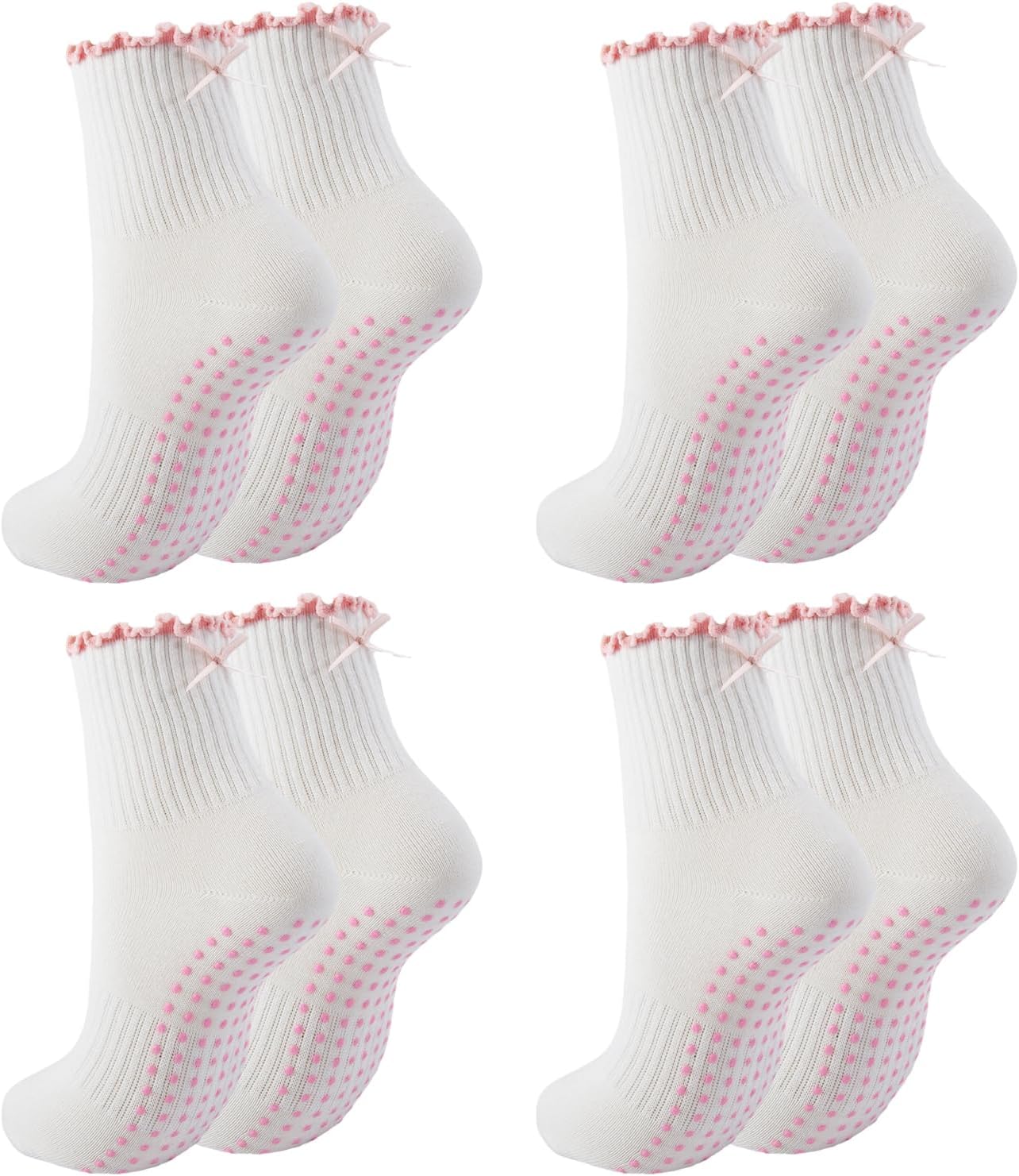 4 Pairs Women's Non-Slip Pilates Socks with Pink Bow Back,Ruffle Trim Grippy Yoga Socks Ballet Barre Socks for Workout