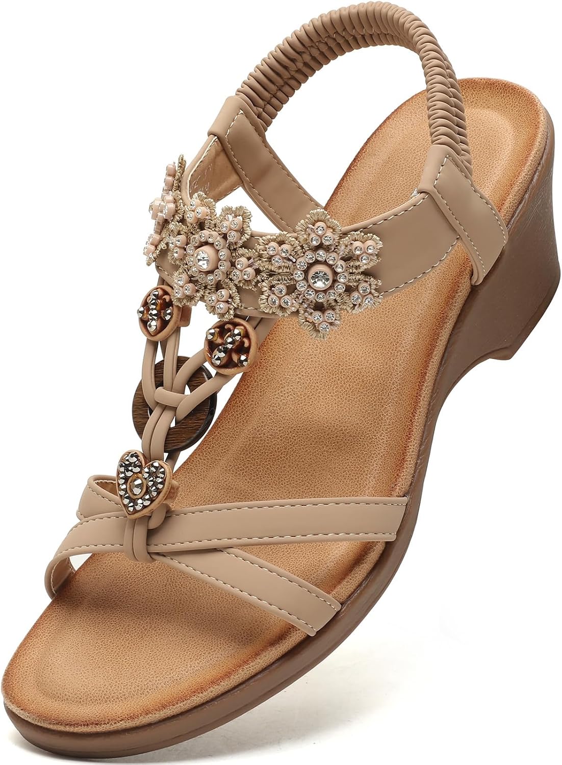 TETSUO Women Wedge Sandal Flower Low Heels Sandals Comfortable Summer Beach Walking Rhinestone Shoes for Women Open Toe Ankle Elastic Back strap T-Strap Dressy Bohemian Shoe