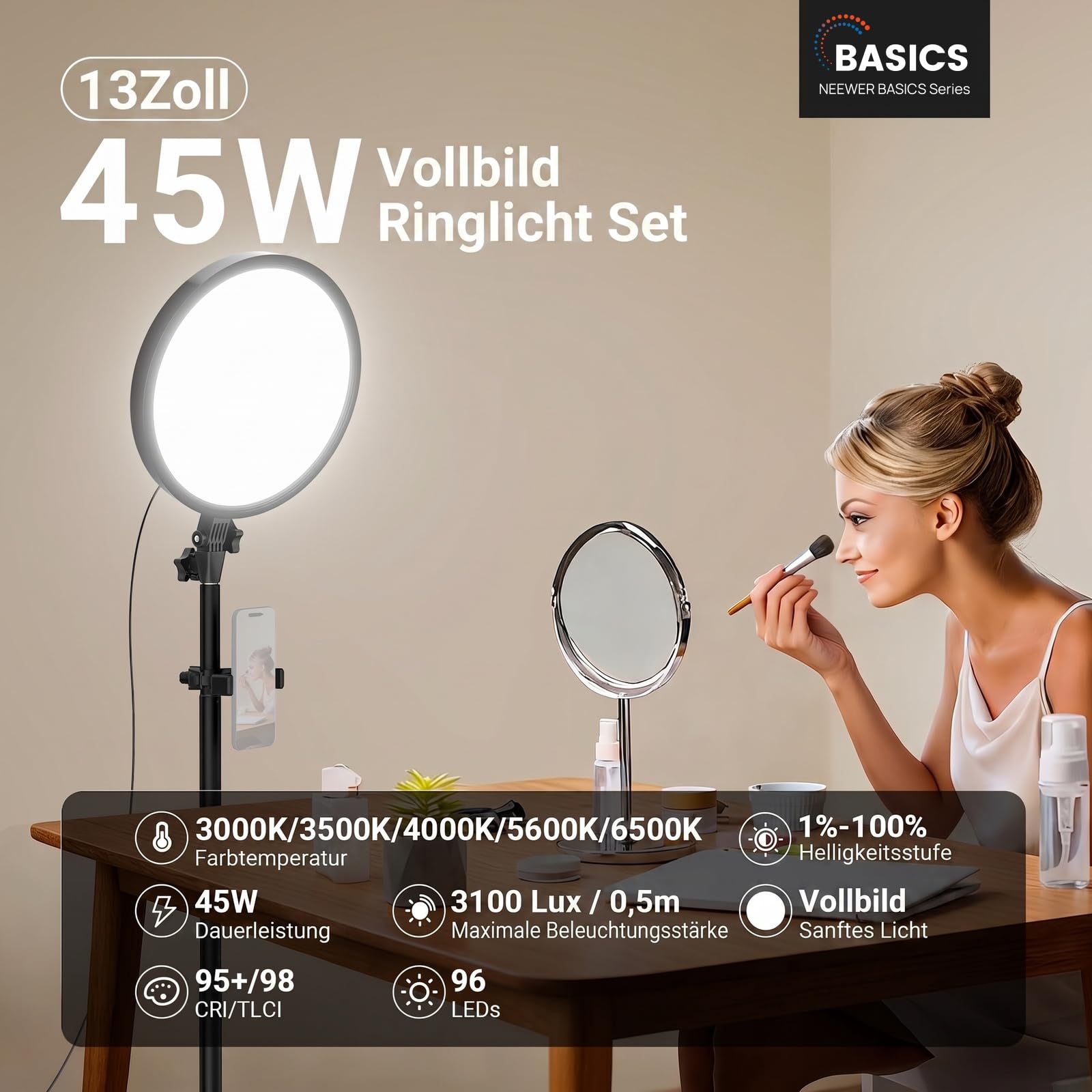 NEEWER BASICS 13" 45W Ringlicht mit 66" Ständer, 3000K-6500K CRI95+ großes Vollbild LED Panel Licht mit Handyhalterung/Fernbedienung für Videoaufnahmen Selfies Streaming Makeup Studiofotografie, BR45B