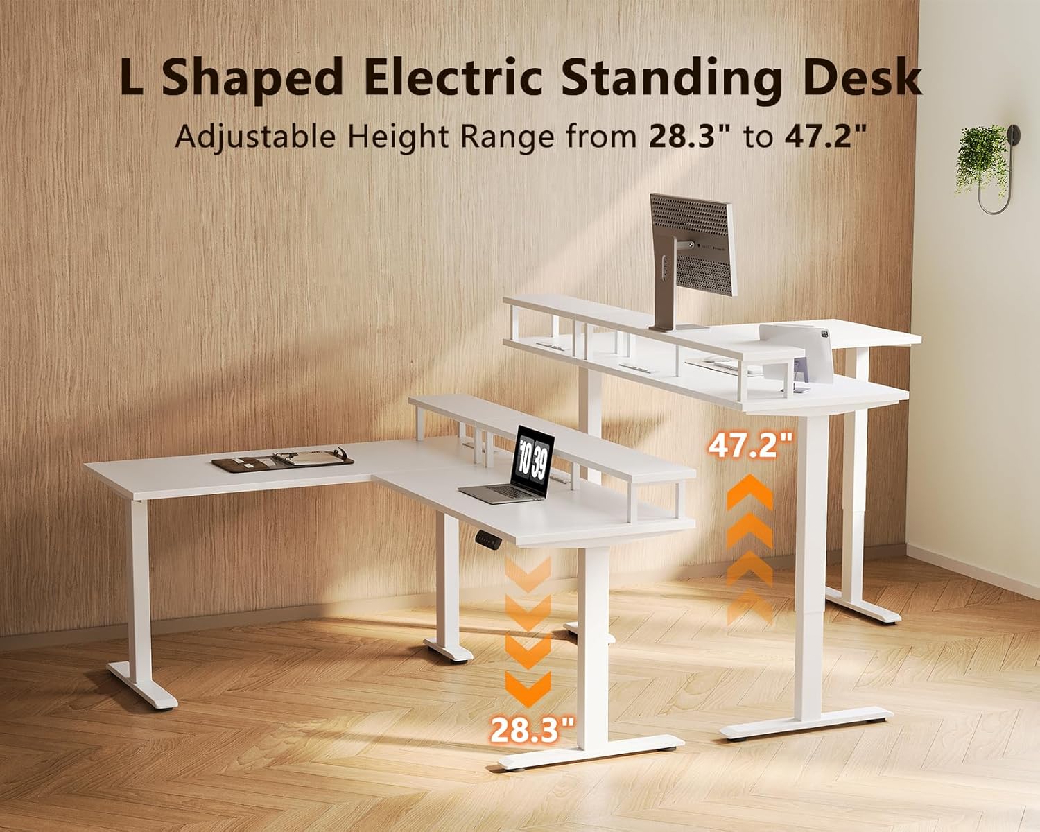 AODK Electric L-Shaped Standing Desk, 59 Inch Height Adjustable Office Desk with Monitor Stand, Sit-Stand Desk with Power Outlets, Large Lift Table for Home, Office, Workstation, White