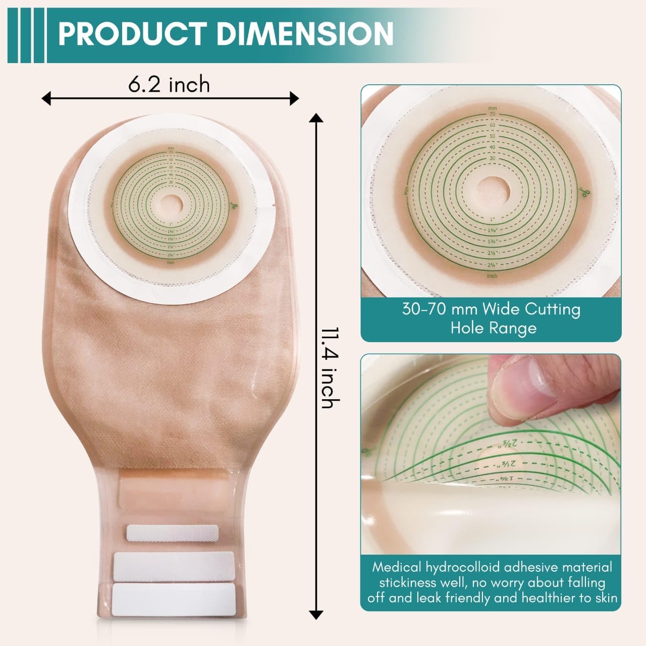 Colostomy Bags 20 Pack, One-Piece Drainable Ostomy Pouches, 30mm-70mm Cut-to -Fit Ostomy Bags with Observation Window for Ileostomy Stoma Care., Skin