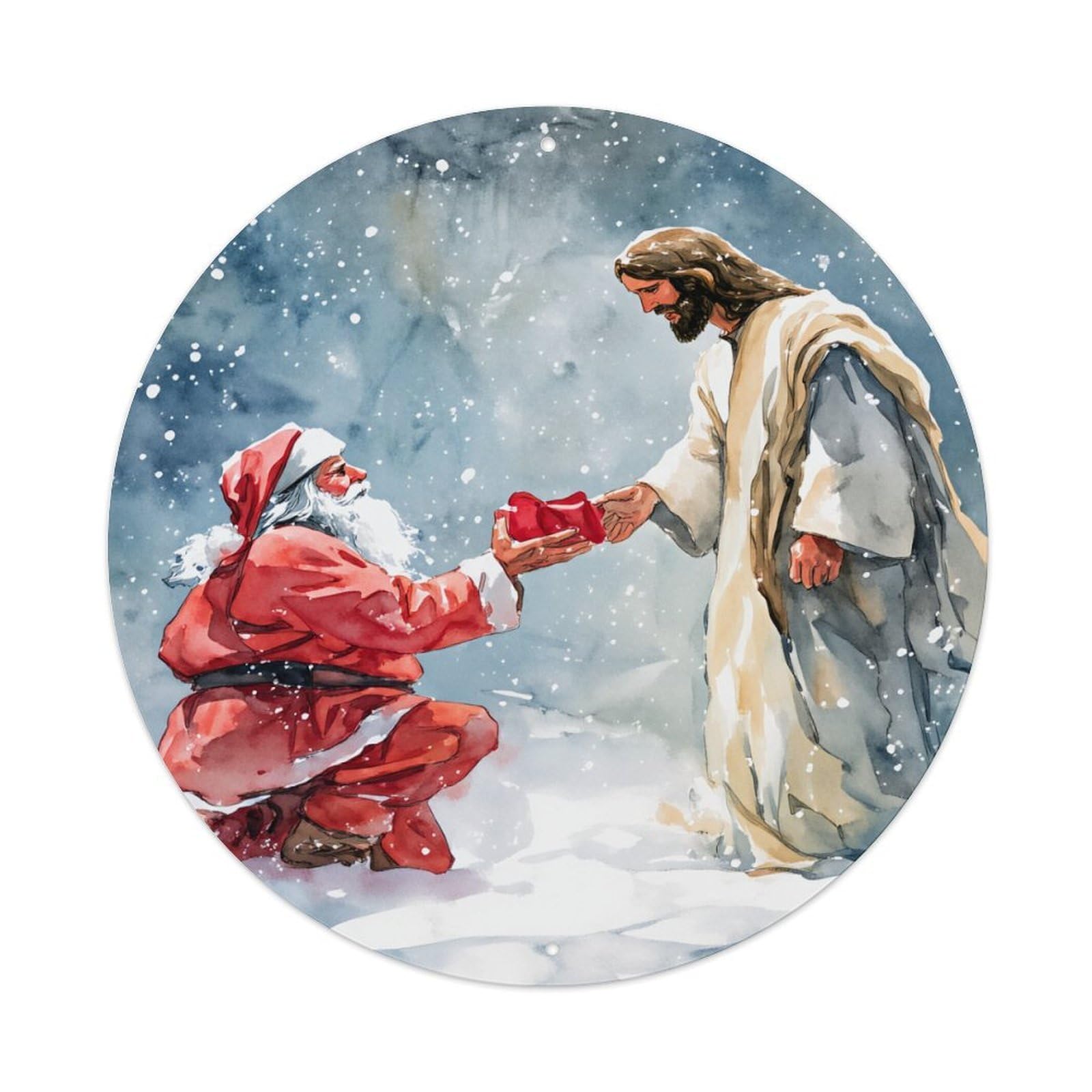 Santa Kneeling Jesus Gift Snow Round Tin Sign Retro Metal Sign for Cafe Bar Pub Home Game Room Gym Club Wall Decoration Vintage Metal Poster 8x8 Inch