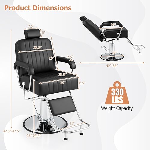 Miniatura 3 de Giantex Silla de peluquería reclinable, silla de salón para estilista, respaldo reclinable, giro de 360 grados, ajuste de altura, bomba hidráulica