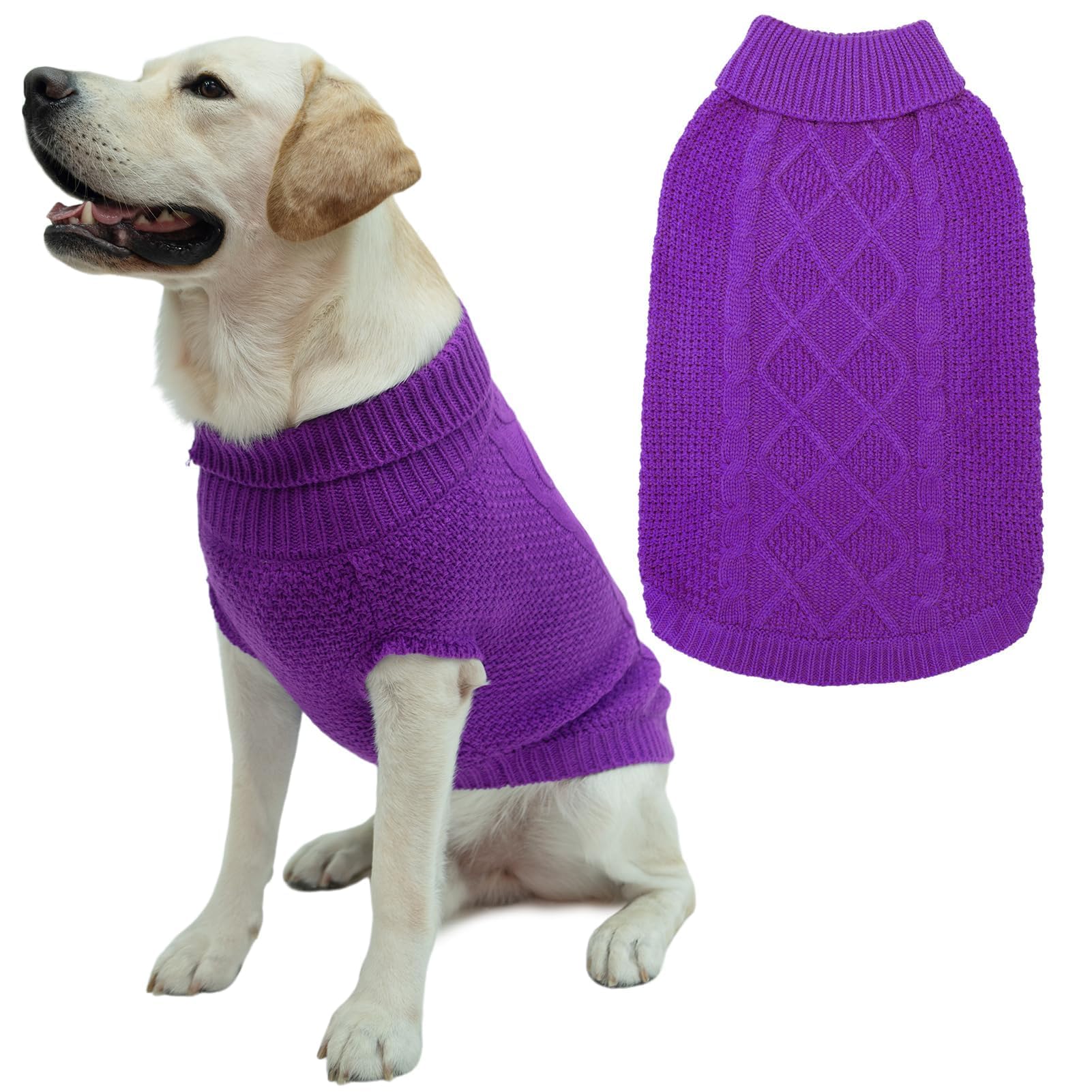 Mihachi Turtleneck Dog Sweater - Winter Coat Apparel Classic Cable Knit Clothes with Leash Hole for Cold Weather, Ideal Gift for Pet in New Year Purple Large
