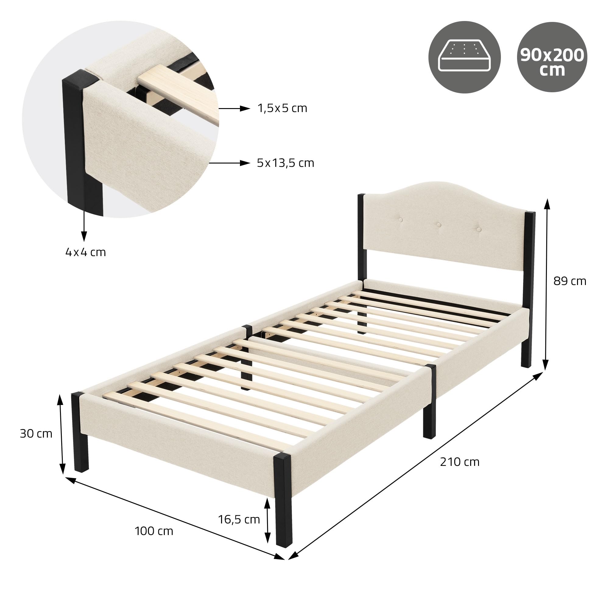 ML-Design Letto 90x200 cm, Giroletto Singolo, Struttura Robusta, Testiera Imbottita e Rete a Doghe, Telaio in Acciaio e Tessuto di Lino, Beige, Spazio di Archiviazione Sotto il Letto, per Cameretta