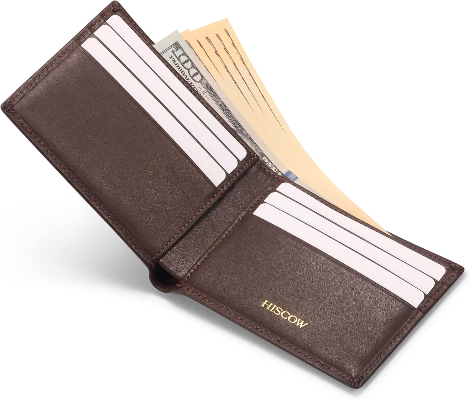 HISCOW Leather Slim Bifold Wallet with 6 Credit Card Slots, Italian Calfskin (Coffee)