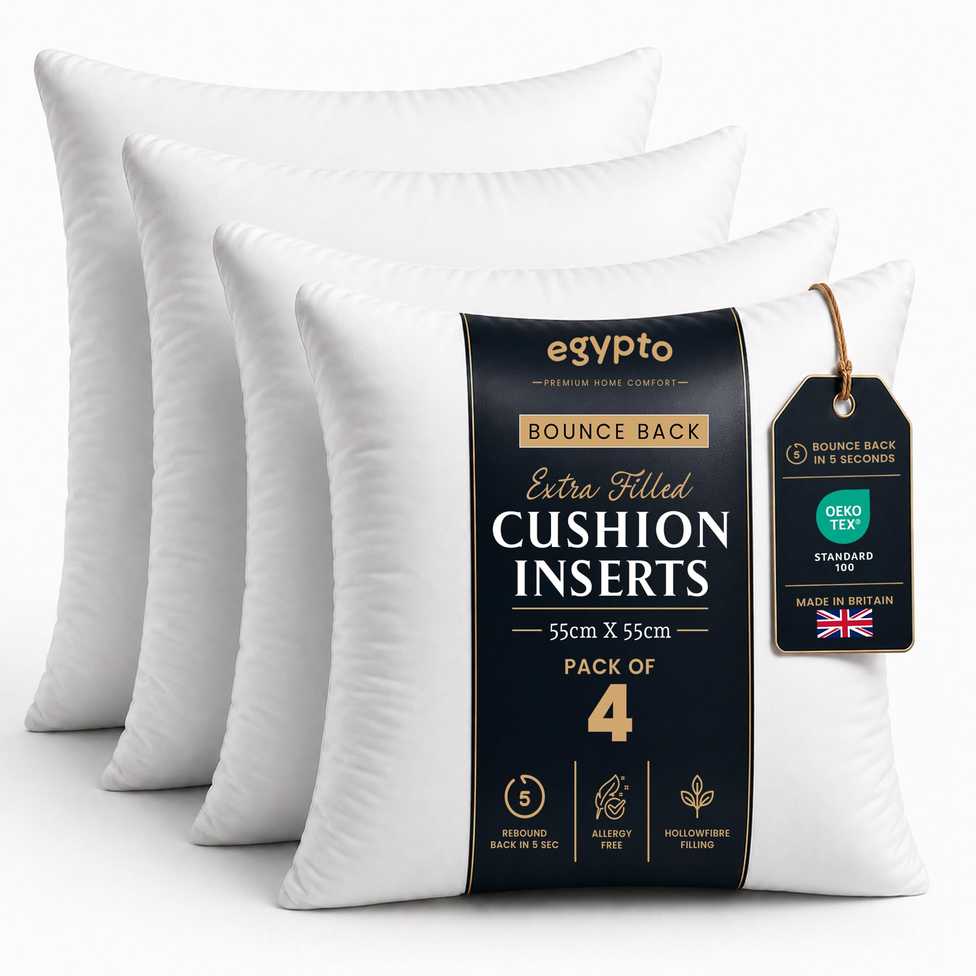 Egypto White Pack Of 4 Cushion Inserts 55Cm X 55Cm | Plump Bounce Back 22X22 Inch Cushion Pads | Hypoallergenic Sofa & Throw Pillows Inner | Made In Uk