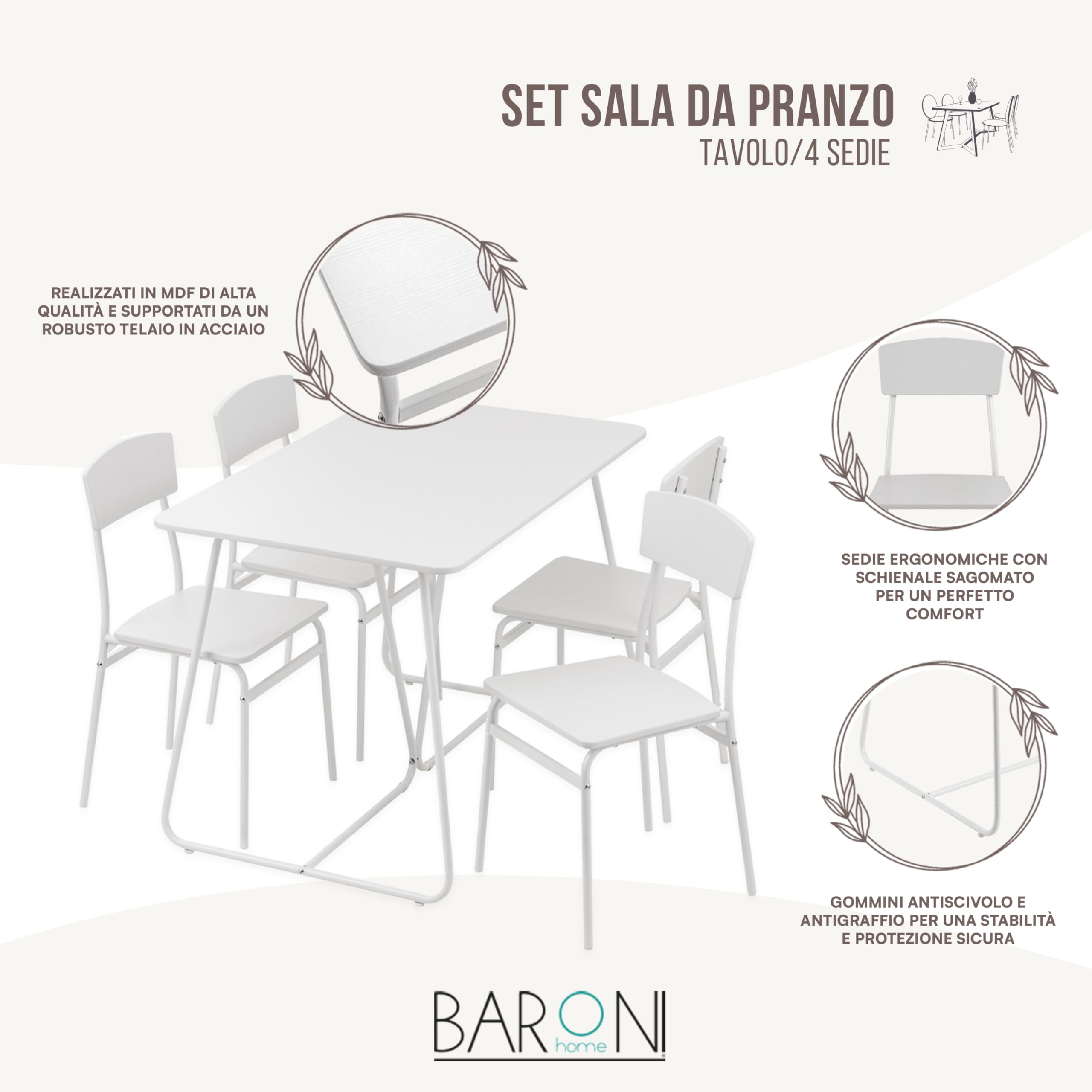 Baroni Home Juego Mesa de Cocina con 4 Sillas de Comedor, Conjuntos de Mueble de 3 Piezas, diseño Moderno, Ligero, Restaurante, balcón, MDF y Acero, Montaje fácil, Blanco