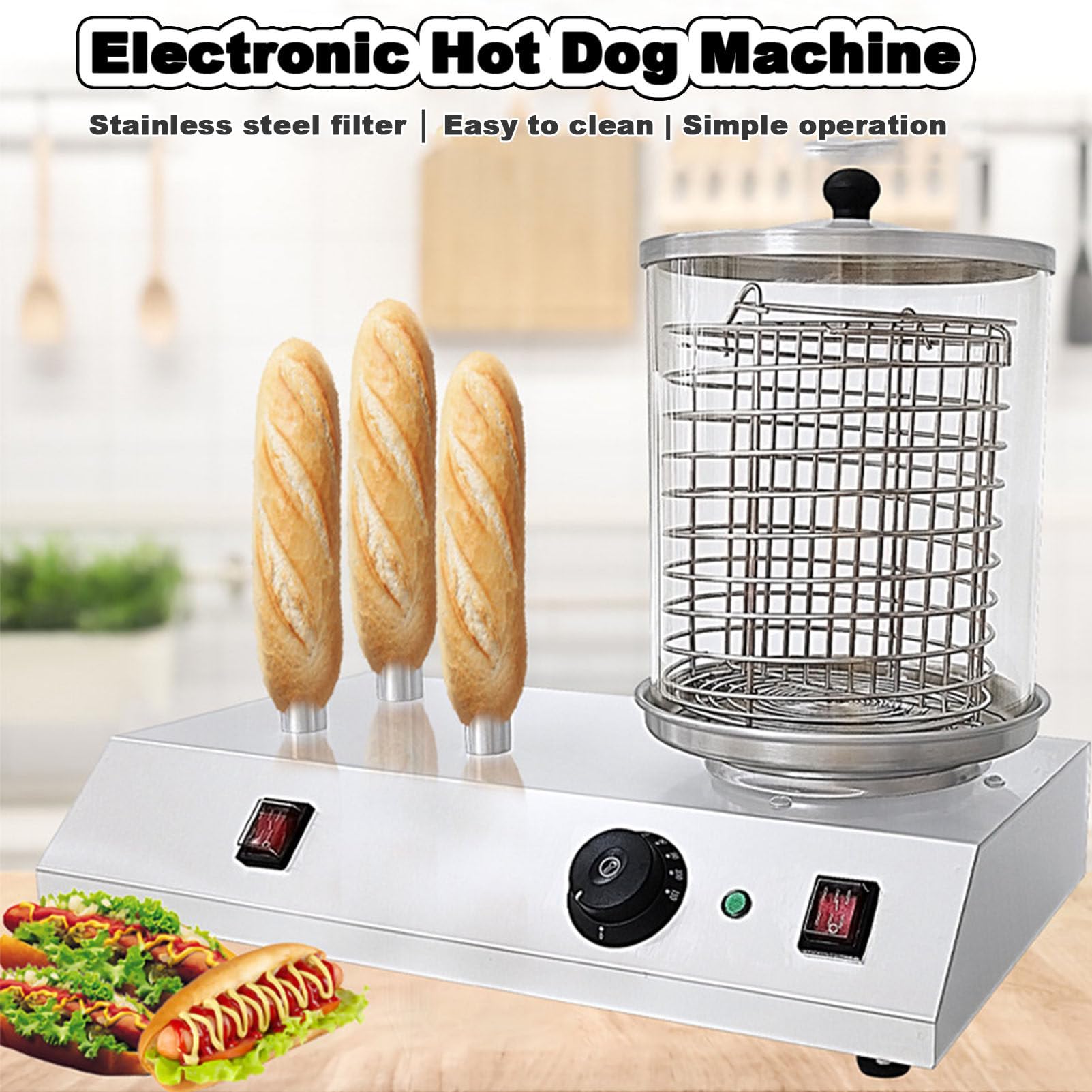 Elektryczna maszyna do robienia hot dogów, 458W, komercyjna maszyna do podgrzewania pieczywa kiełbasianego, z bułką, do restauracji i dla rodzin