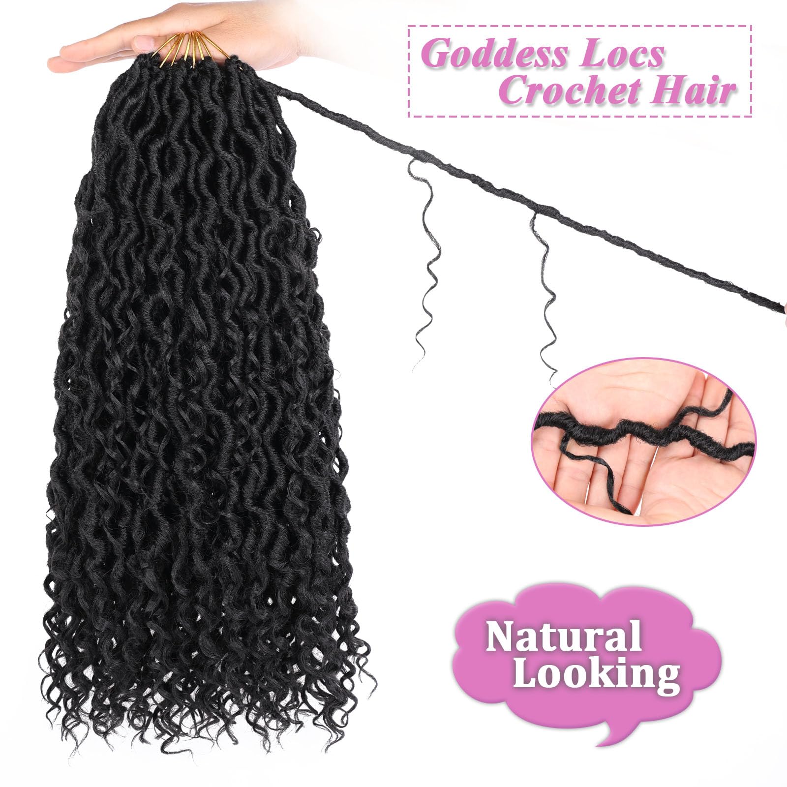 Häkelhaar, Göttin, Naturschwarz, 25,4 cm, 8 Packungen, vorgeschlungenes Kunsthaar, Bohemian-Locs, Häkelzöpfe mit lockigen Enden, für Damen, 25,4 cm, 8 Packungen (#Schwarz)