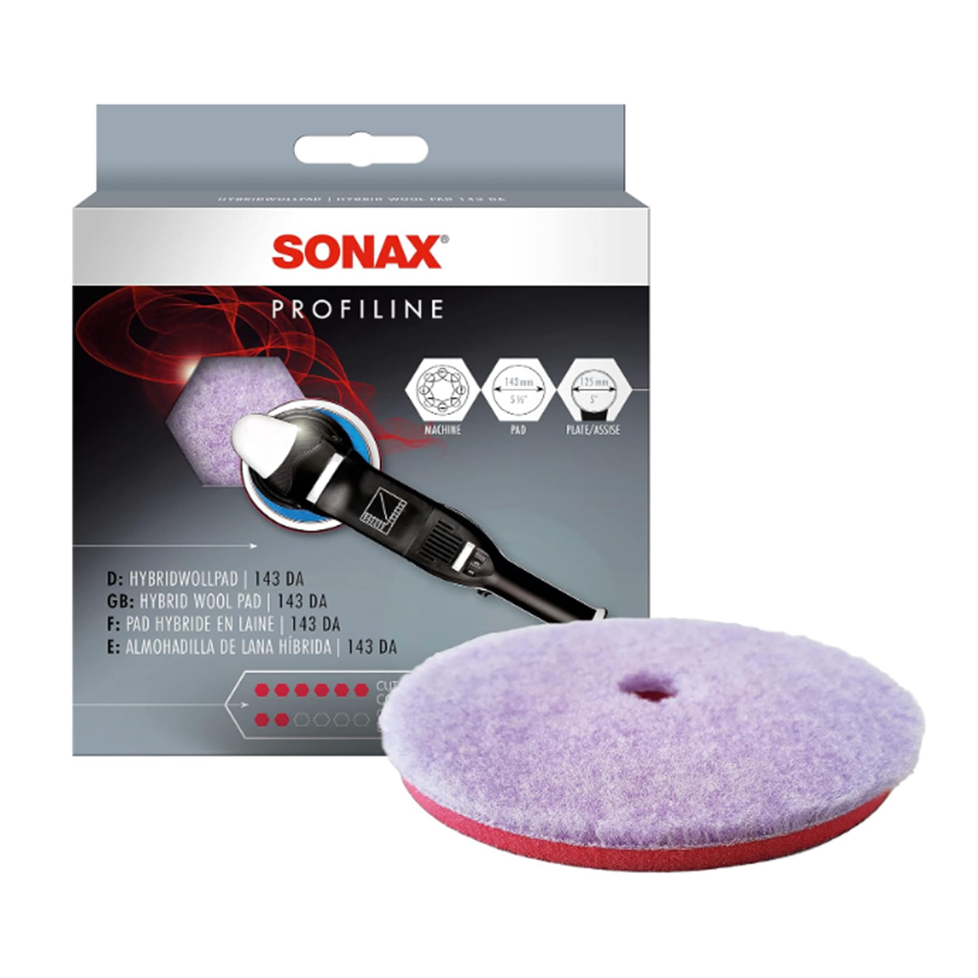 SONAX Hybrid Wool Pad 493800 | Heavy Cut Polishing Pad for Dual-Action Machines | Reduces Polishing Time | Removes Deep Scratches & Matting | 85% Wool, 15% Polyester | Low Heat Generation | 143mm