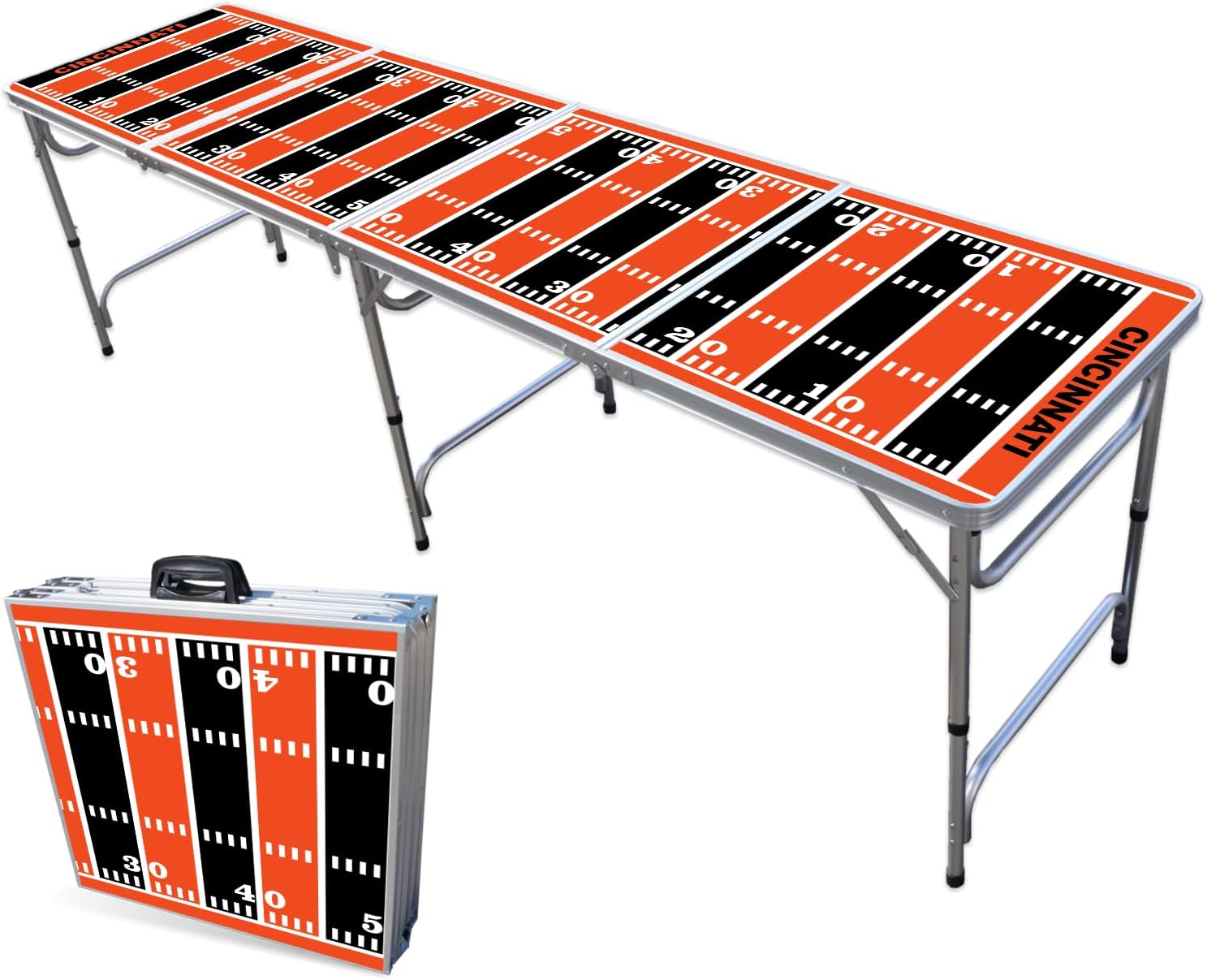 8-Foot Folding Portable Pong Table w/Optional Cup Holes & LED Lights - Cincinnati Football Field (Choose Your Model)