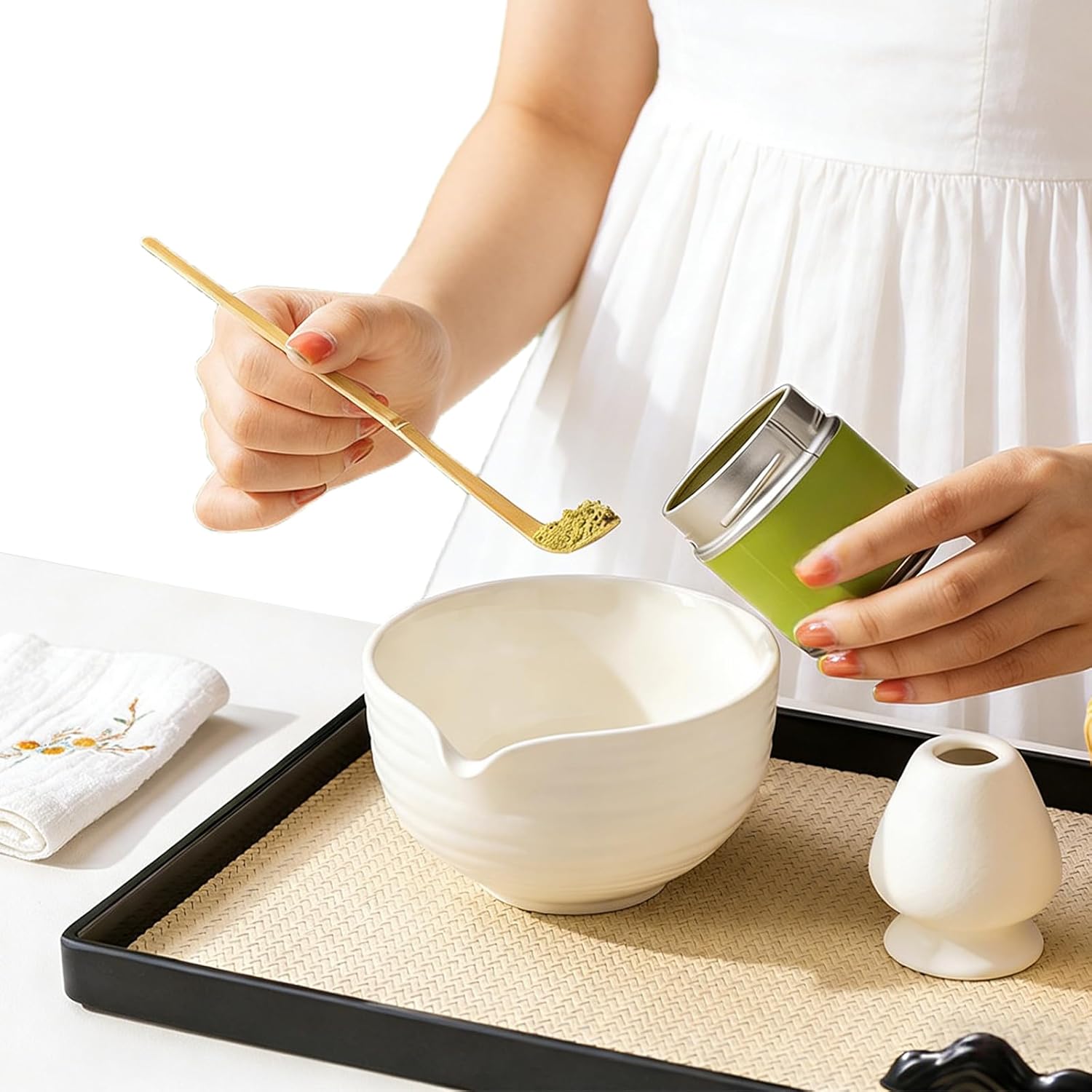 Matcha Whisk Set 4-Piece, with 18 oz Ceramic Matcha Bowl with Spout, Bamboo Whisk, Holder, Scoop, for Daily Rituals & Ideal Gift for Tea Lovers, Elegant Modern Design, White