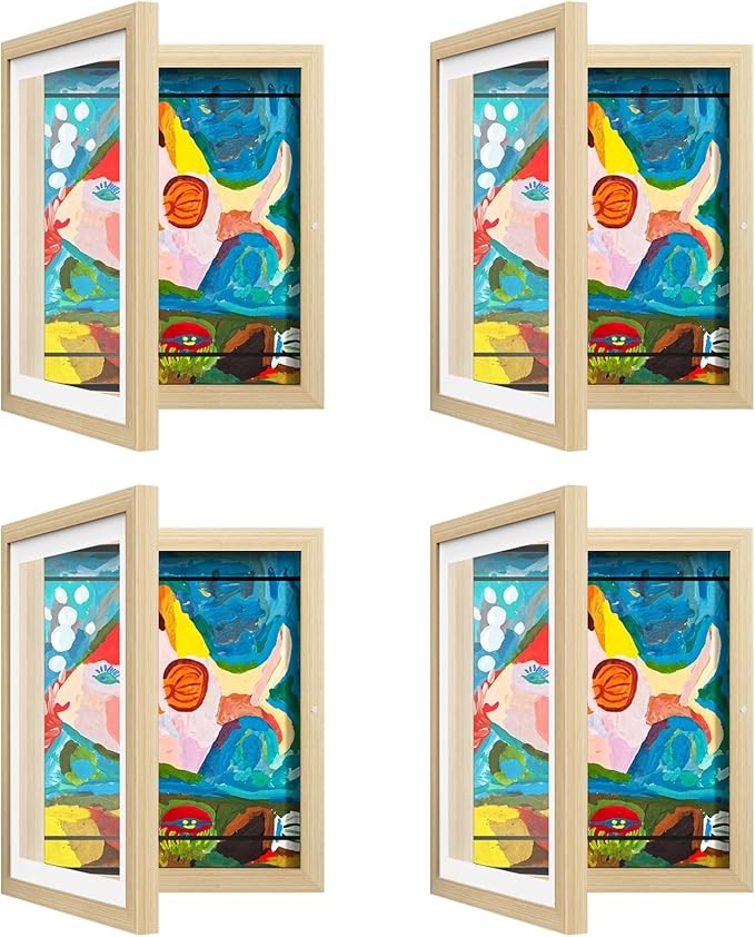 4 Pack Kids Art Frame, Kids Artwork Frames Changeable 8 x10.5 with Mat and 9 x12 Without Mat, Black Front Opening Children Picture Storage Frame for Wall Holds 50Pcs Crafts, Drawing, Art Projects