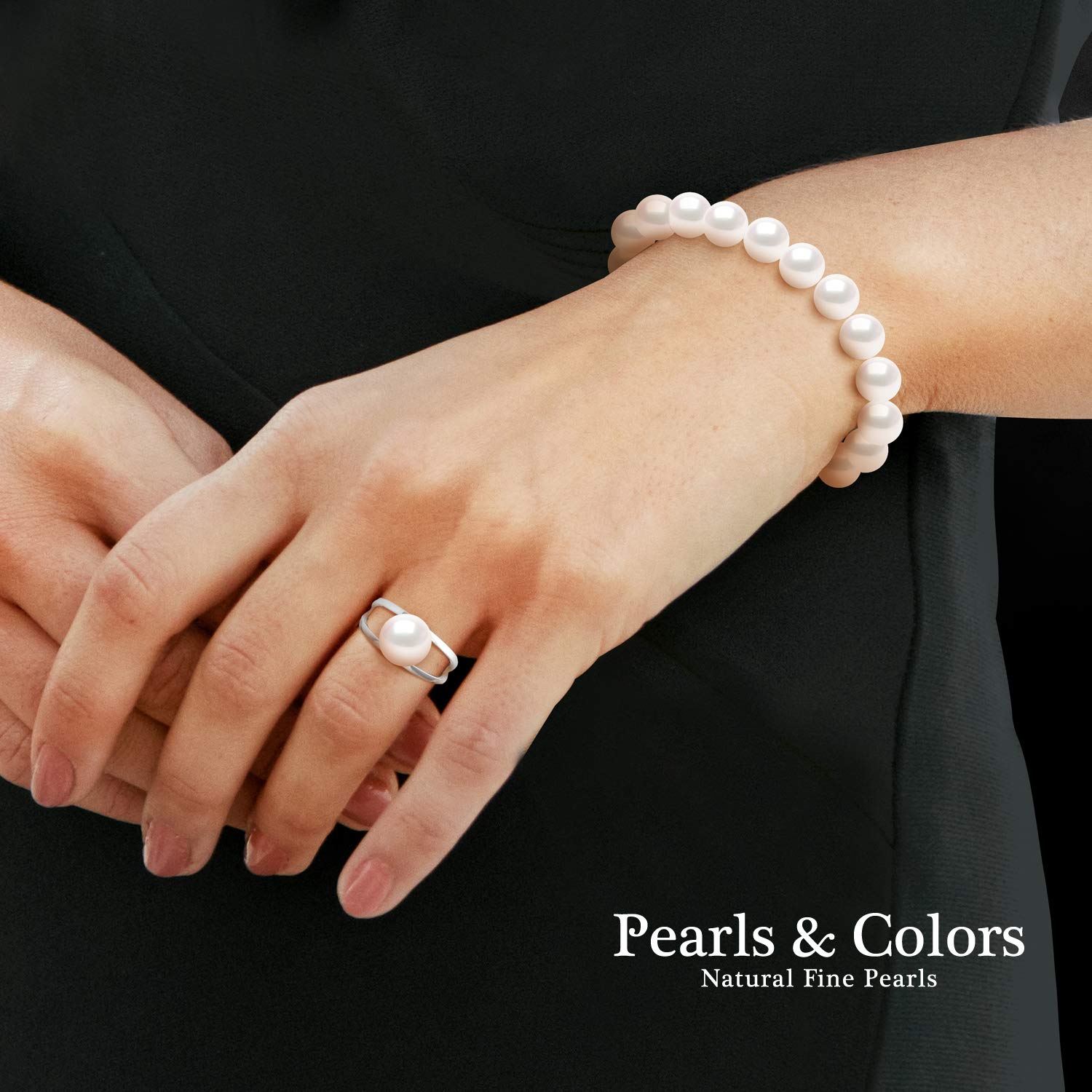 PEARLS & COLORS - Anello Vera Perla Coltivata d'Acqua Dolce Rotonda 7-8 mm - Colore Bianco Naturale - Qualità AAA+ - Misura Regolabile - Argento 925 - Gioielli Donna