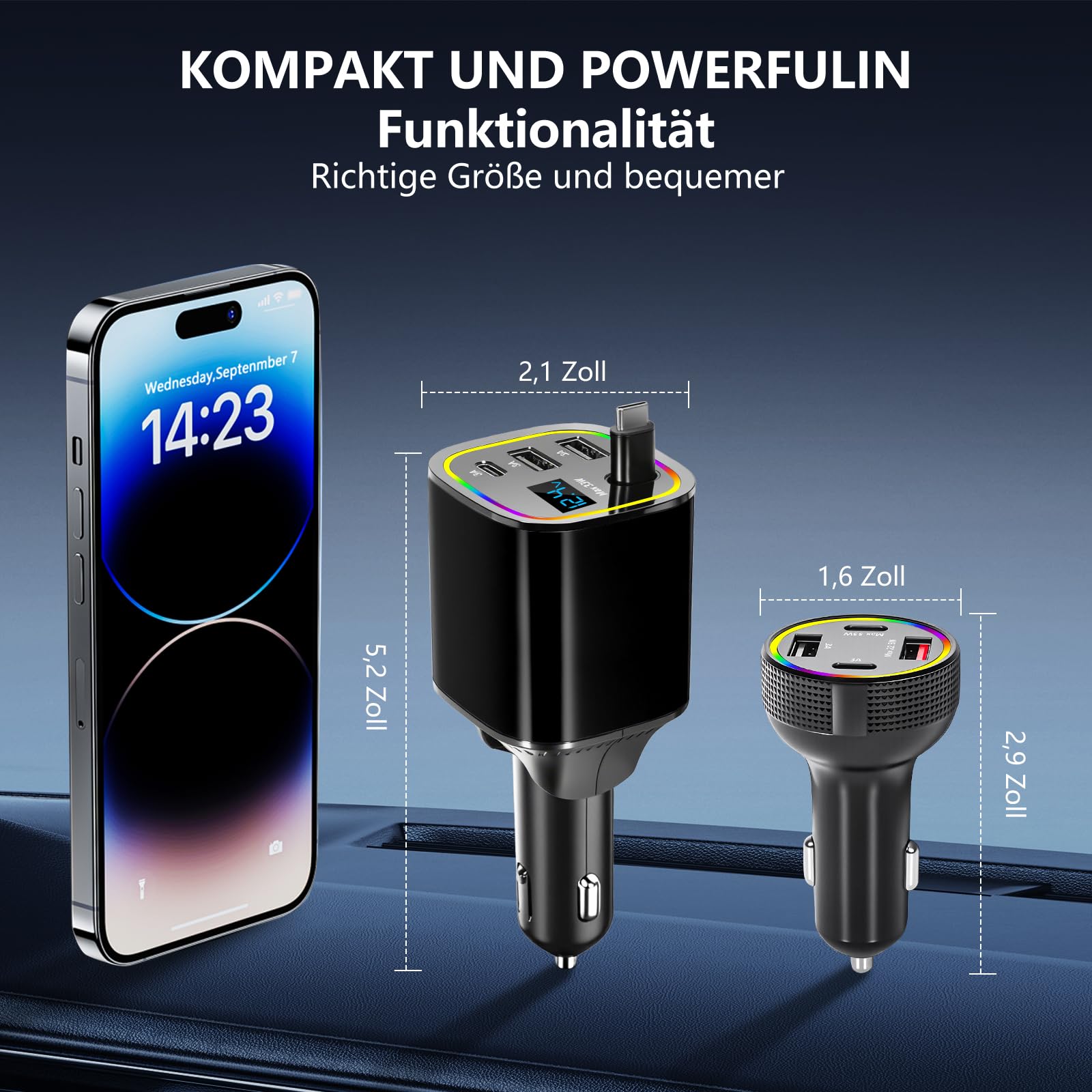Ładowarka samochodowa USB C, 4 w 1, chowana, 78 W, szybkie ładowanie, ładowarka USB C, adapter do zapalniczki samochodowej, adapter typu C na L do iOS/Android