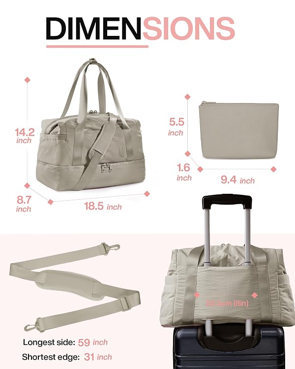Weekender Bags for Women, BAGSMART Travel Duffel Bags with Shoe Compartment,Personal Item Travel Bag for Airlines, Carry on Overnight Tote Bag with Toiletry Bag(Beige,2pcs) by BAGSMART - Used condition - Image 5