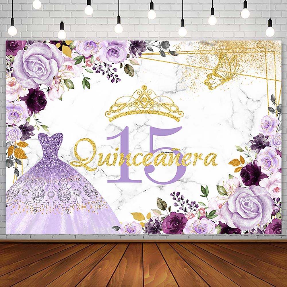 AIBIIN 7x5ft Purple Gold Quinceanera Birthday Backdrop for Sweet Girl Princess Mis Quince Anos 15th Birthday Party Photography Background Marble