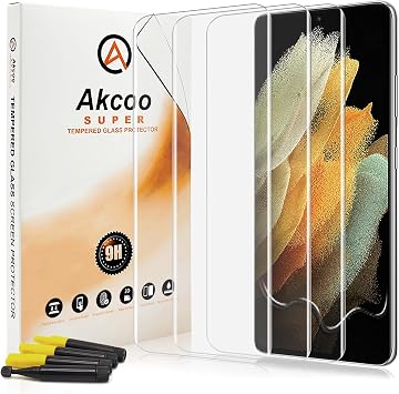 Set of 3 Galaxy S21 Ultra Glass Film, Akcoo S21 Ultra 5G, UV Absorption Liquid Dispersion Technology, High Touch Sensitivity, Fingerprint Authentication, Oleophobic Treatment, Shatterproof