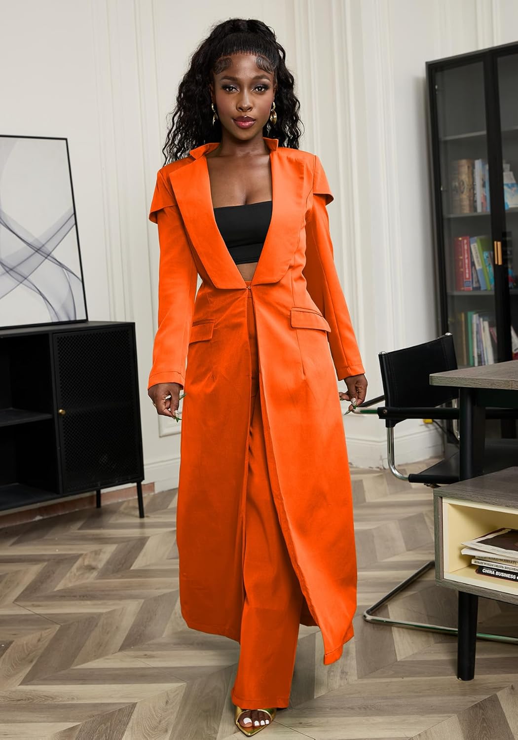 Famnbro Womens Suits 2 Piece Set Long Blazers Jacket Lapel and Straight Leg Pants Business Outfits - Image 4