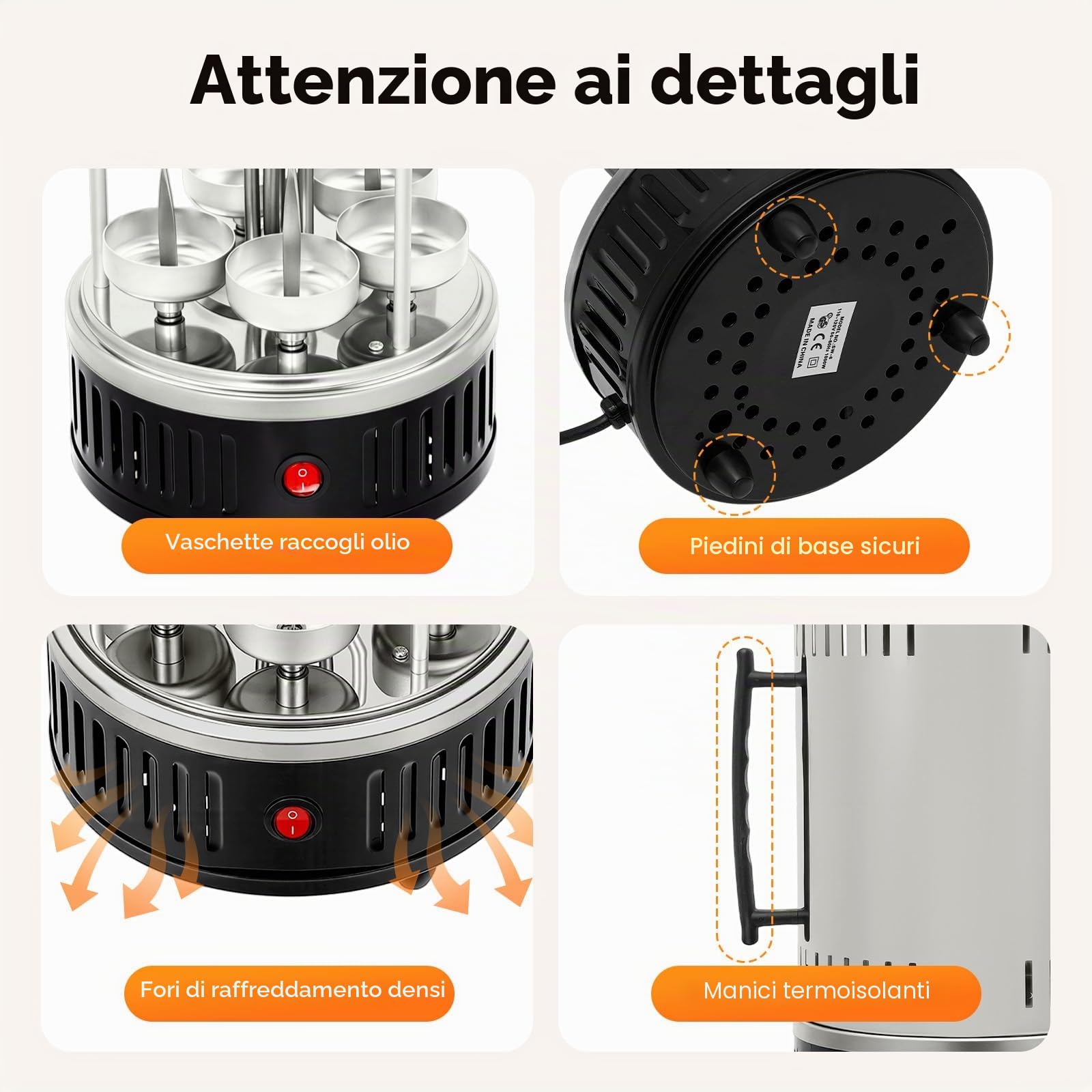 Griglia elettrica verticale, griglia verticale per girarrosto elettrico, con 5 spiedini, 5 vaschette raccogli grassi, per kebab, shawarma, girarrosto, 20 x 37,5 cm
