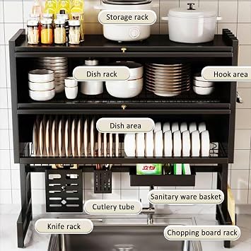 Over The Sink Dish Drainer Drying Rack 4 Tiers with Cover, Keep Kitchen Sink Shlef Organized Space-Saving Dish Drying Rack, Large Drying Rack for Dishes, Glasses, Bowls, Cutlery W-33.5in
