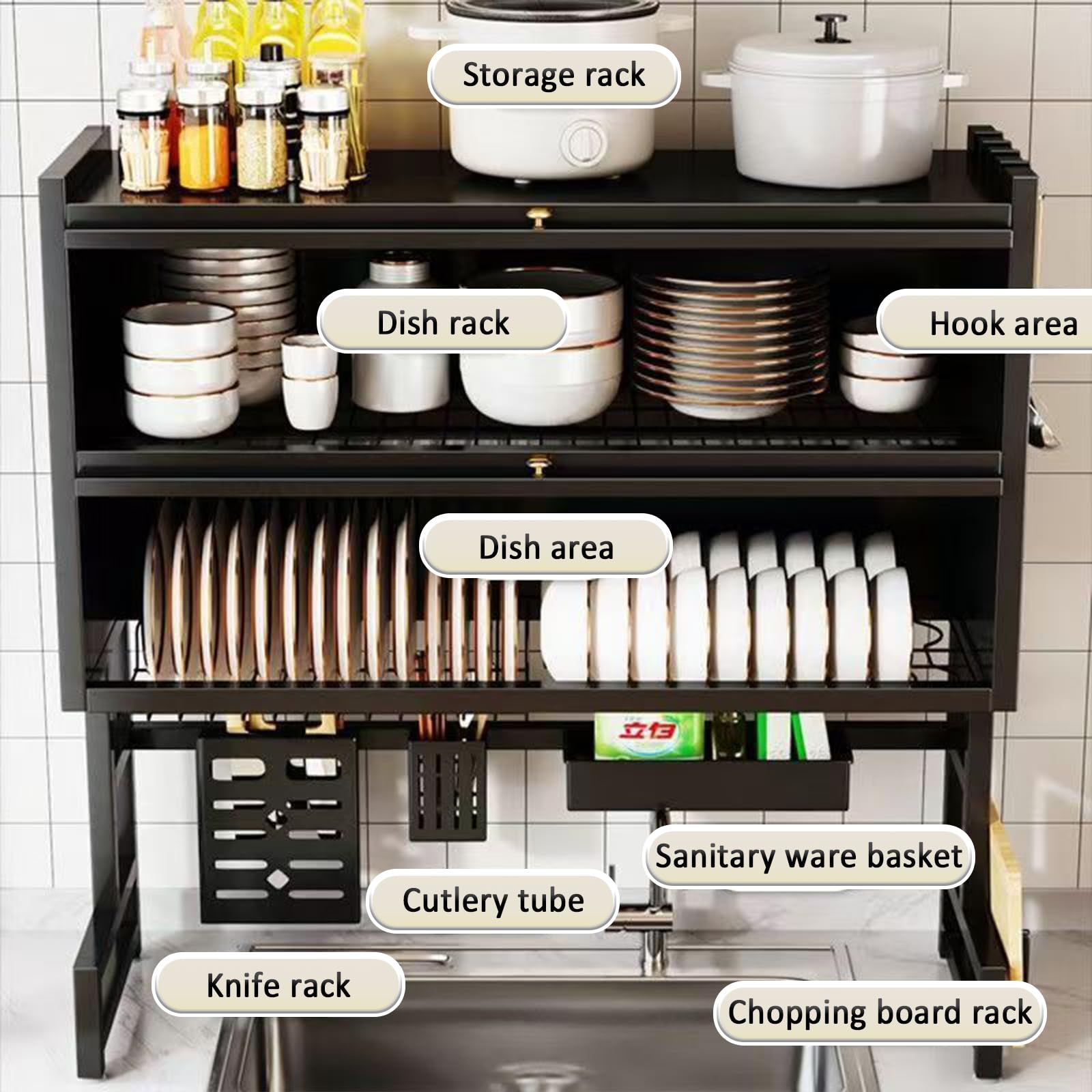 Escurridor de Platos de 4 Niveles con Tapa, Mantiene el Estante del Fregadero de la Cocina organizado, Ahorra Espacio, escurridor de Platos Grande para Platos, Vasos, tazones y Cubiertos (bl