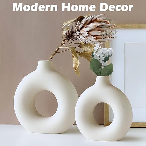 Miniatura 6 de Juego de 2 jarrones de cerámica blanca para decoración del hogar, jarrón hueco redondo mate para hierba de las pampas, estilo minimalista nórdico