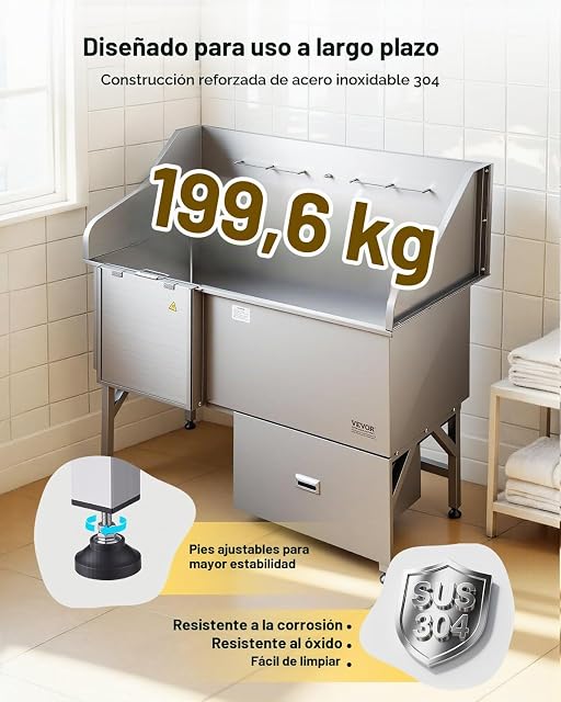Foto 6 de 7 de VEVOR Estación de Lavado para Perros de Acero Inoxidable, Bañera de 155 x 79 x 147 cm con Rampa