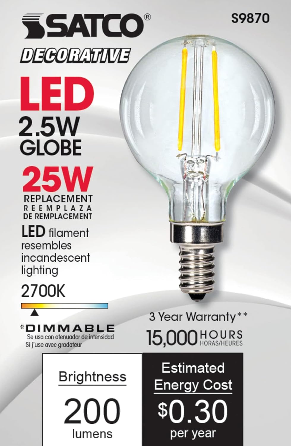 Satco S9870 Candelabra Light Bulb in Light Finish, 3.19 inches