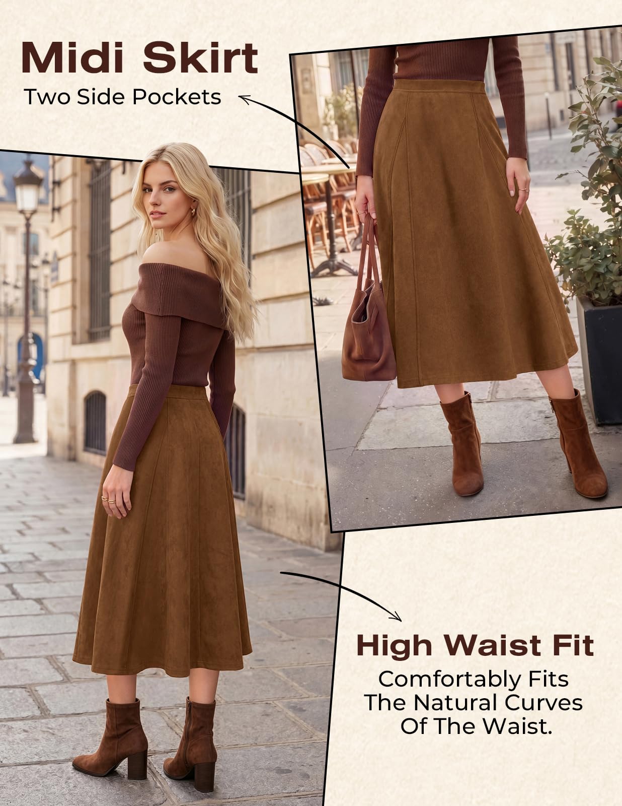 Kate Kasin Damen Wildleder Midirock Hohe Taille A-Linie Rock mit Taschen