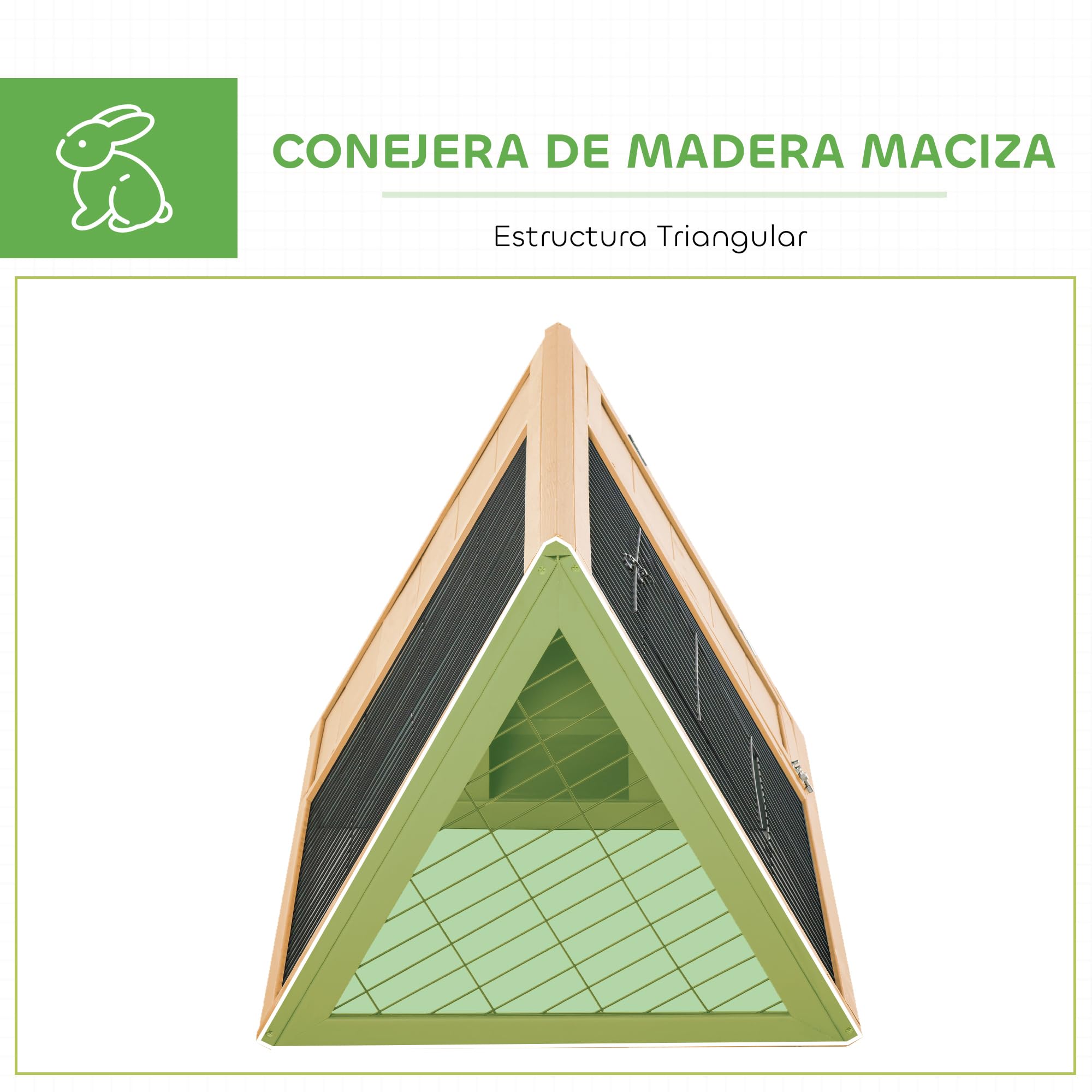 PawHut Conejera de Madera 116x62,2x52,5 cm, Jaula para Conejos Triangular con Rejilla Metálica y Puertas, Madera Natural
